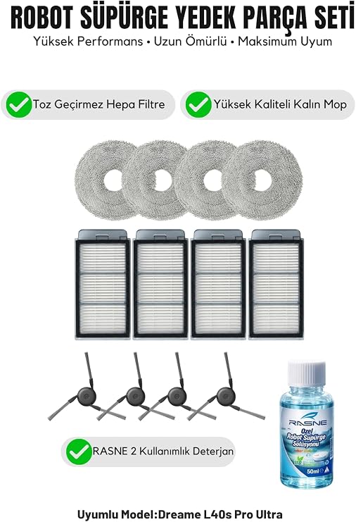 Dreame L40s Pro Ultra ile Uyumlu 4 Yan Fırça 4 Filtre 4 Mop 1 deterjan