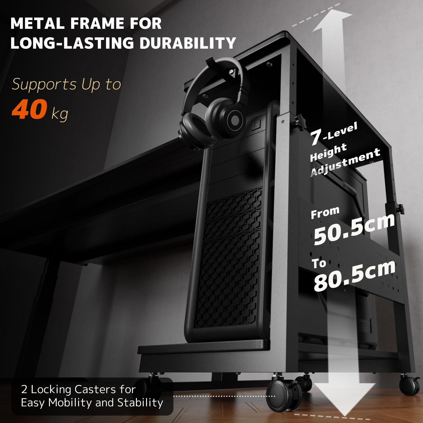 PUTORSEN Supporto per Tower PC Altezza Regolabile con 2 Piani, Supporto per Computer con Rotelle e Tappetino per Mouse, Stampante Case ATX fino a 40kg/Piano,per Ufficio Domestico, Nero