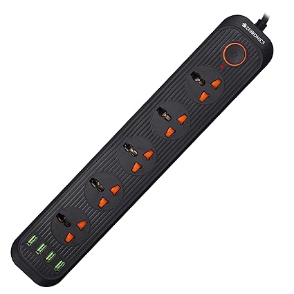 ZEBRONICS PS5340U Power Strip with 5 Universal Sockets, 2500W Max., 4 USB Ports, USB Output 2.4A Max., 3 Meter Copper Cable, Overload Protection, Surge Protection, Wall Mountable