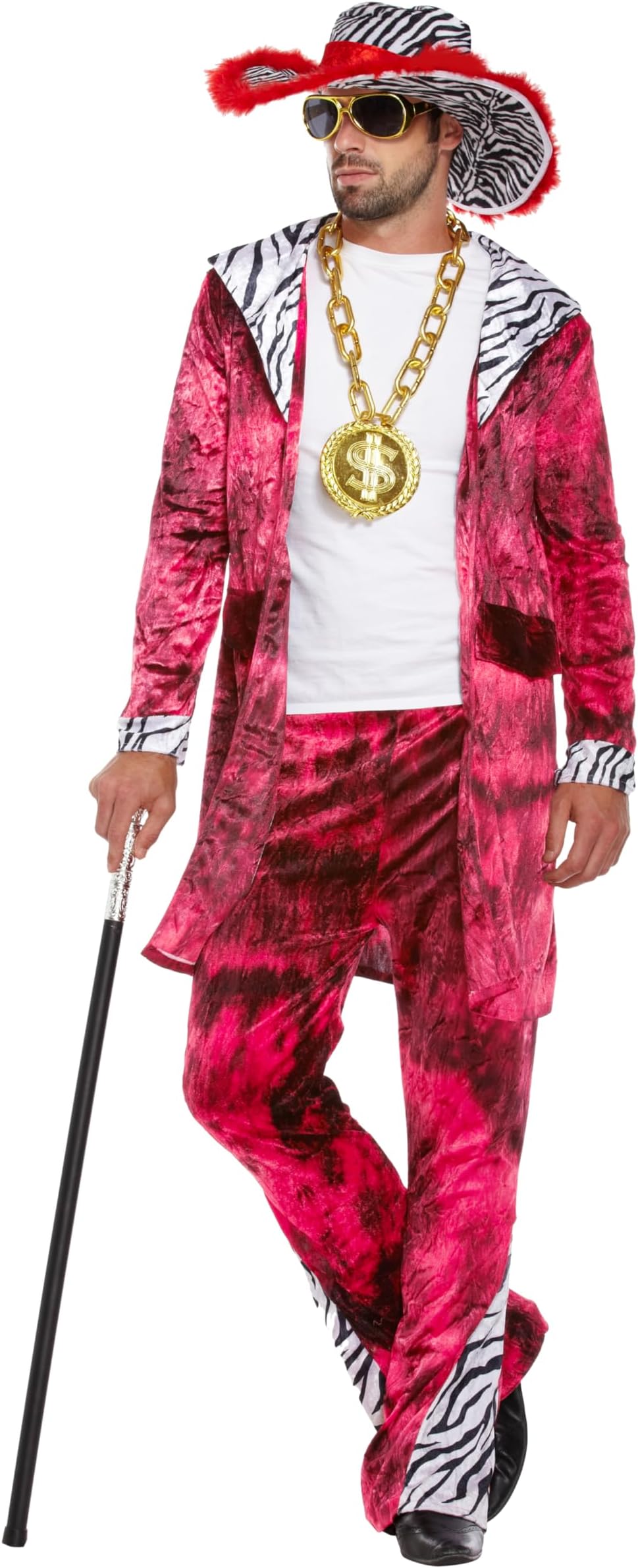 HENBRANDT Adult Men’s Red Velvet Suit with Zebra Print Detail and Matching Hat 1970s Big Daddy Gangster Pimp Dress Up Outfit One Size Mens Fancy Dress Costume