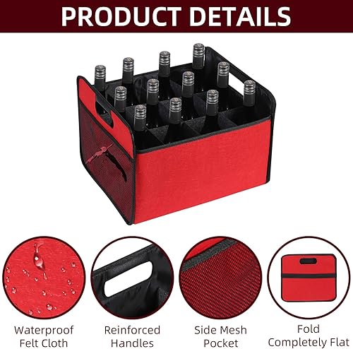 Miniatura 5 de Portador de vino para 12 botellas, caja de almacenamiento plegable para botellas de vino, botella de licor de fieltro de alta calidad con asas para