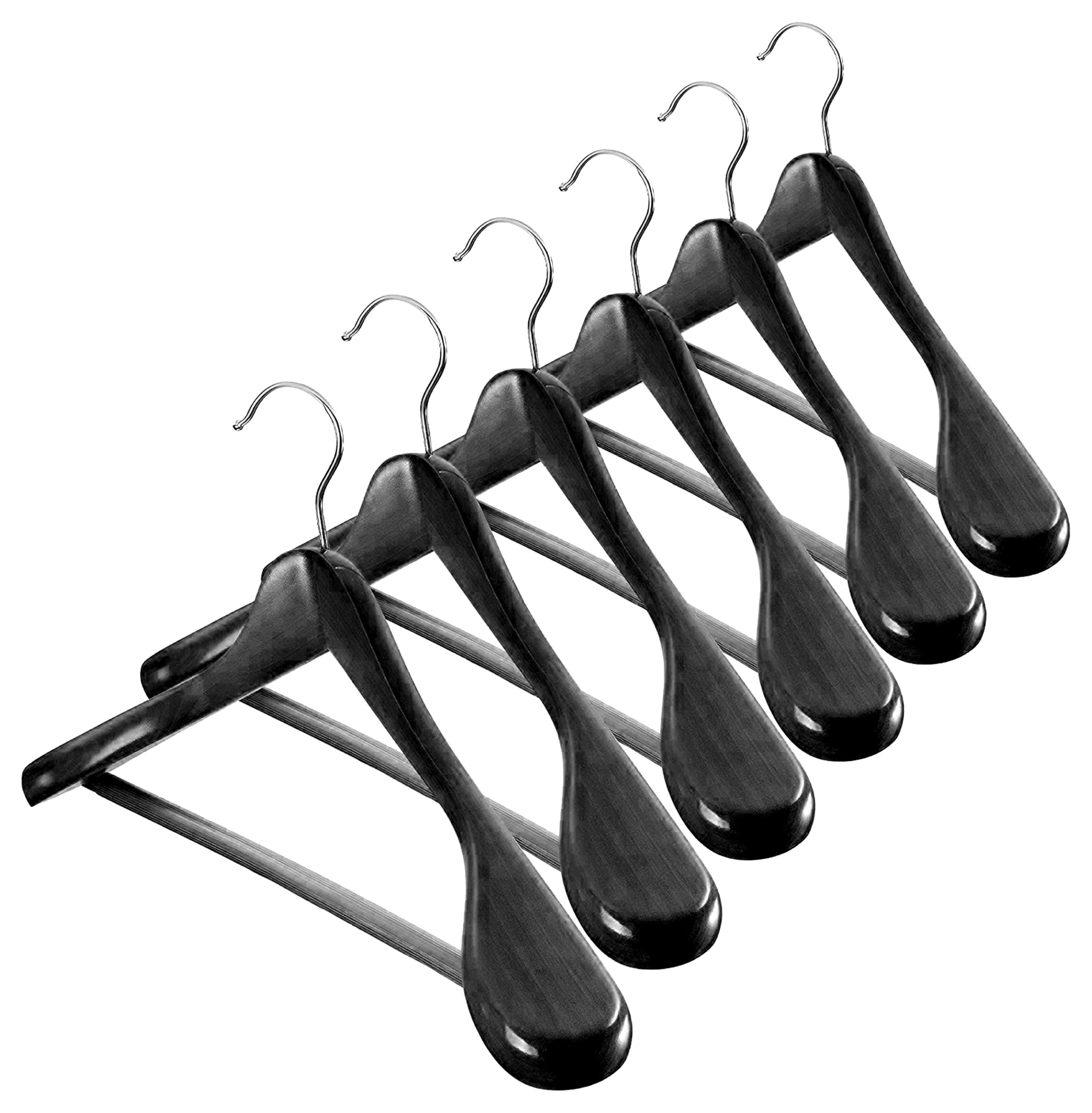 ZOBER Wide Shoulder Wooden Coat Hangers with Non Slip Pants Bar - 360° Swivel Hook Hangers for Jackets, Suit, Pants, Coats (Pack of 2, BLACK)