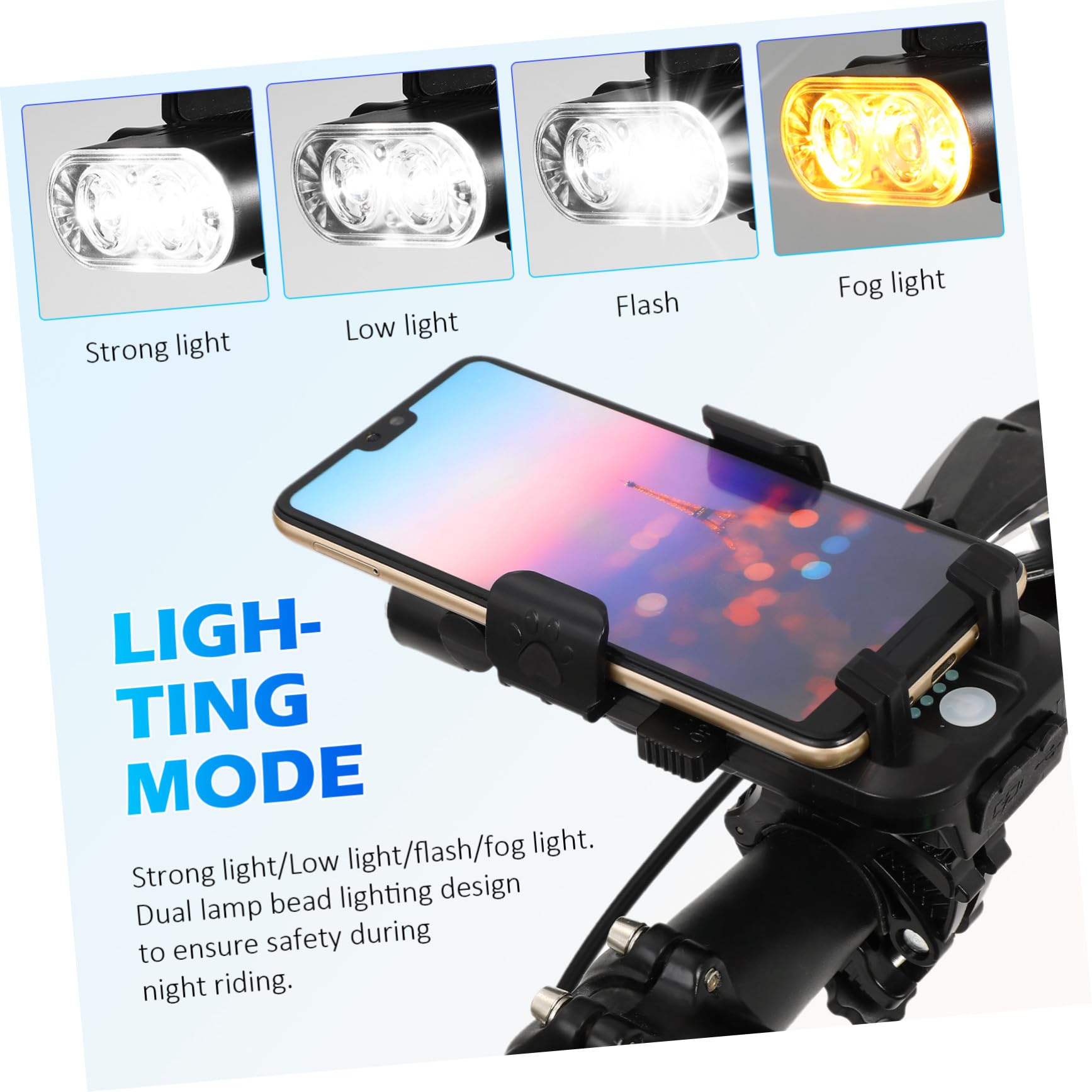 Set Luci Bici Anteriore e Posteriore LED USB Ricaricabile 4000mah | Supporto Telefono Regolabile, Design Dual Led, Abs Nero, per Night Riding e Ciclismo Quotidiano