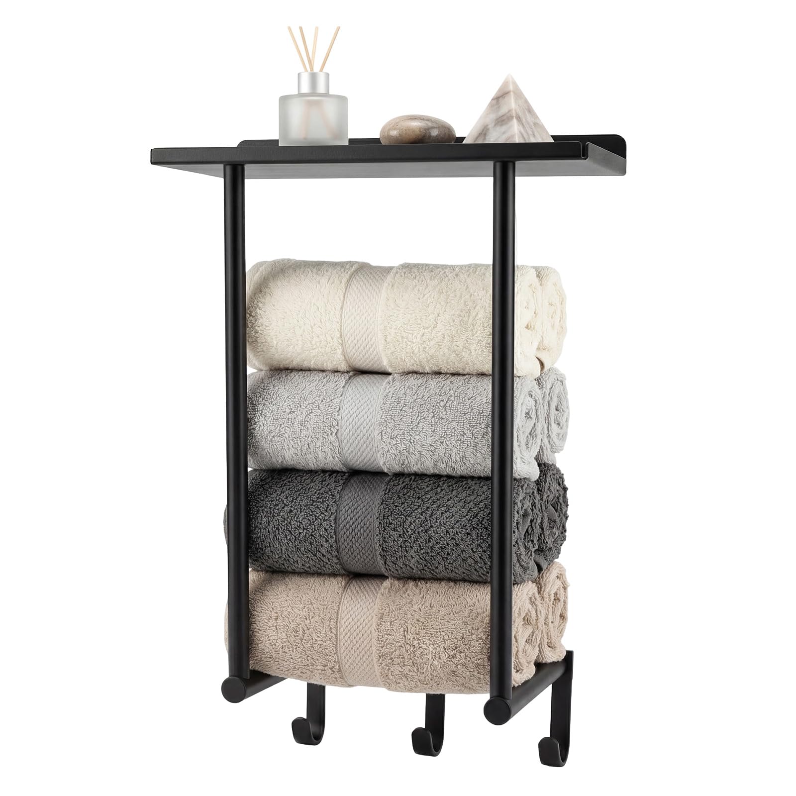 Levede Towel Rack Wall Mounted with Shelf & 3 Hooks – 16cm Deep for Small Bathroom, Holds Multiple Towels, Carbon Steel Towel Holder, Matte Black