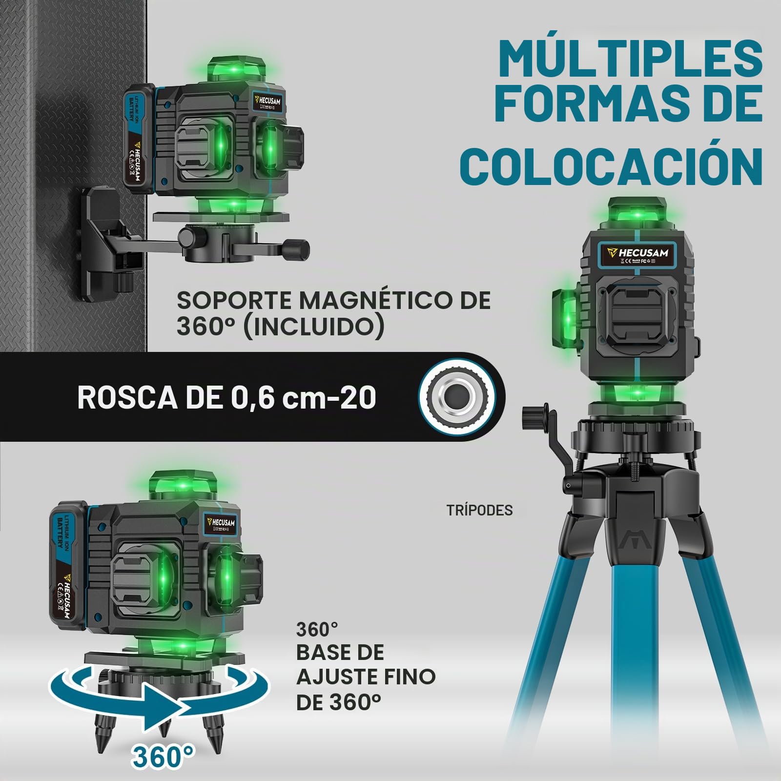 Nivel Laser Con Tripode, Nivel Laser Autonivelante 4 X 360 Grados, Laser Verde Sin Interrupciones Con Giratorio Ventana 360, BateríA 2×4800 mAh, Grado IP54 Para Construcción, Baldosas