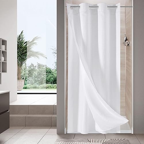 Miniatura 21 de MitoVilla Juego de cortinas de ducha de punto gofre gris que no necesitan ganchos, cortina de ducha moderna de tela resistente con forro a presión