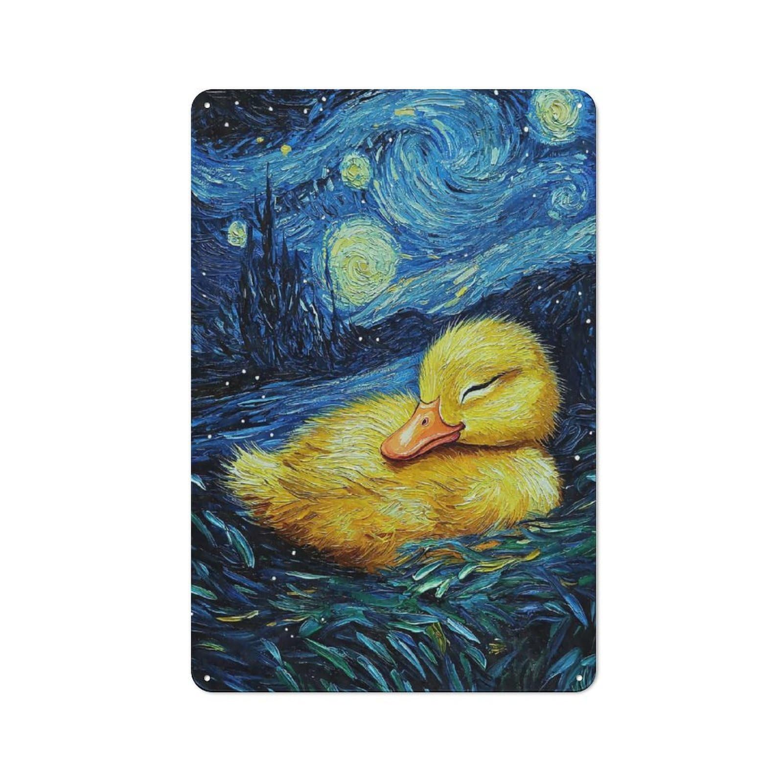 Junmoney Style-13 Metal Wall Plaque With Baby Duck Duckling In Starry Night Design 30X20cm, Retro Room Wall Plaque For Home, Shop, Pub Or Studio Wall