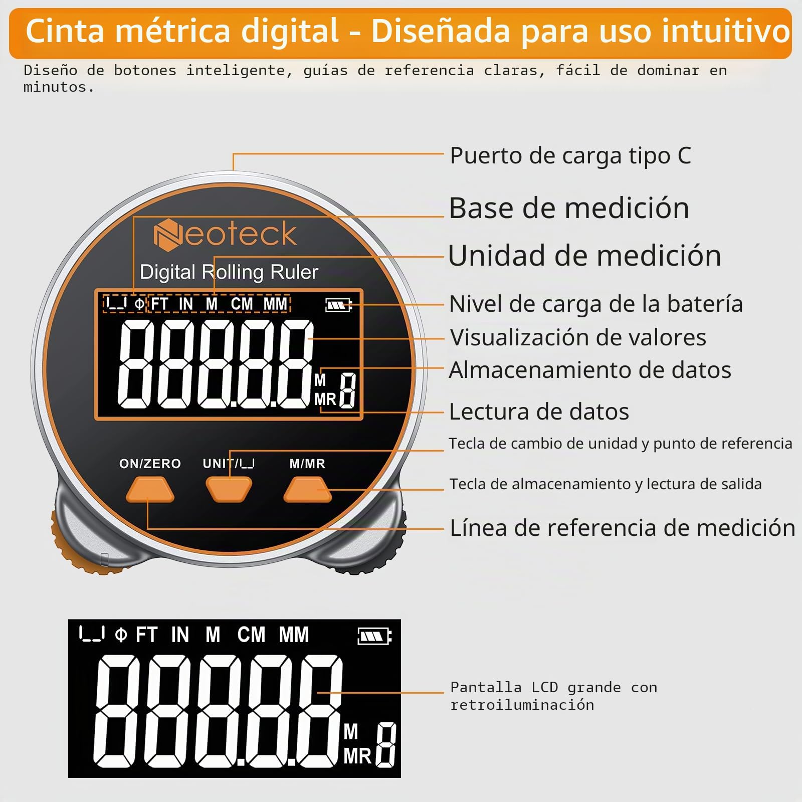Neoteck Cinta Métrica Digital 656Ft/200M Regla Rodante Electrónica con Pantalla LCD y 5 Modos de Referencia Regla Digital Recargable para Medir Superficie Plana, Curva, Diámetro y Forma Irregular