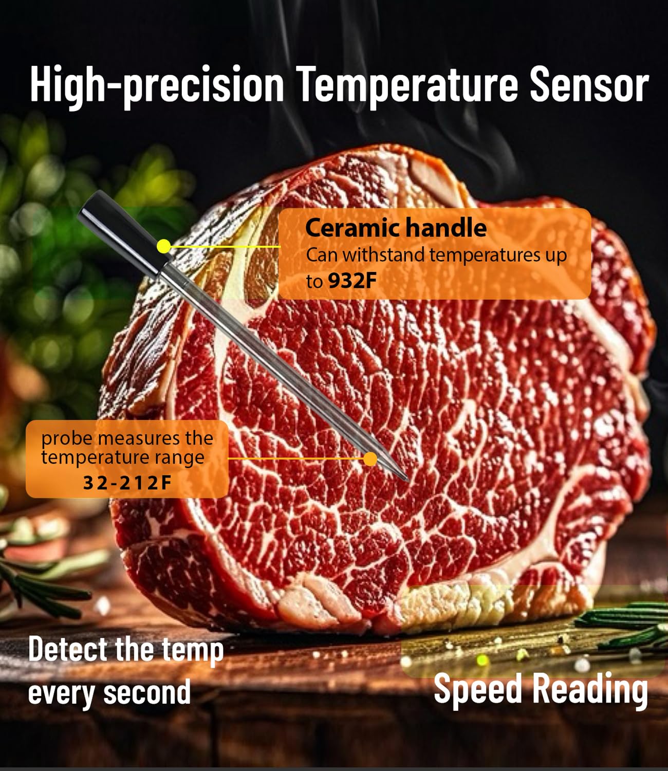 PeachStreet Thermomètre à Viande Intelligent Sans Fil, étanche Ip68,Sonde Ultra-Mince pour Surveiller à Distance Le barbecue,La Cuisson Précise Et Le Barbecue Via Bluetooth et Connexion Numérique WiFi
