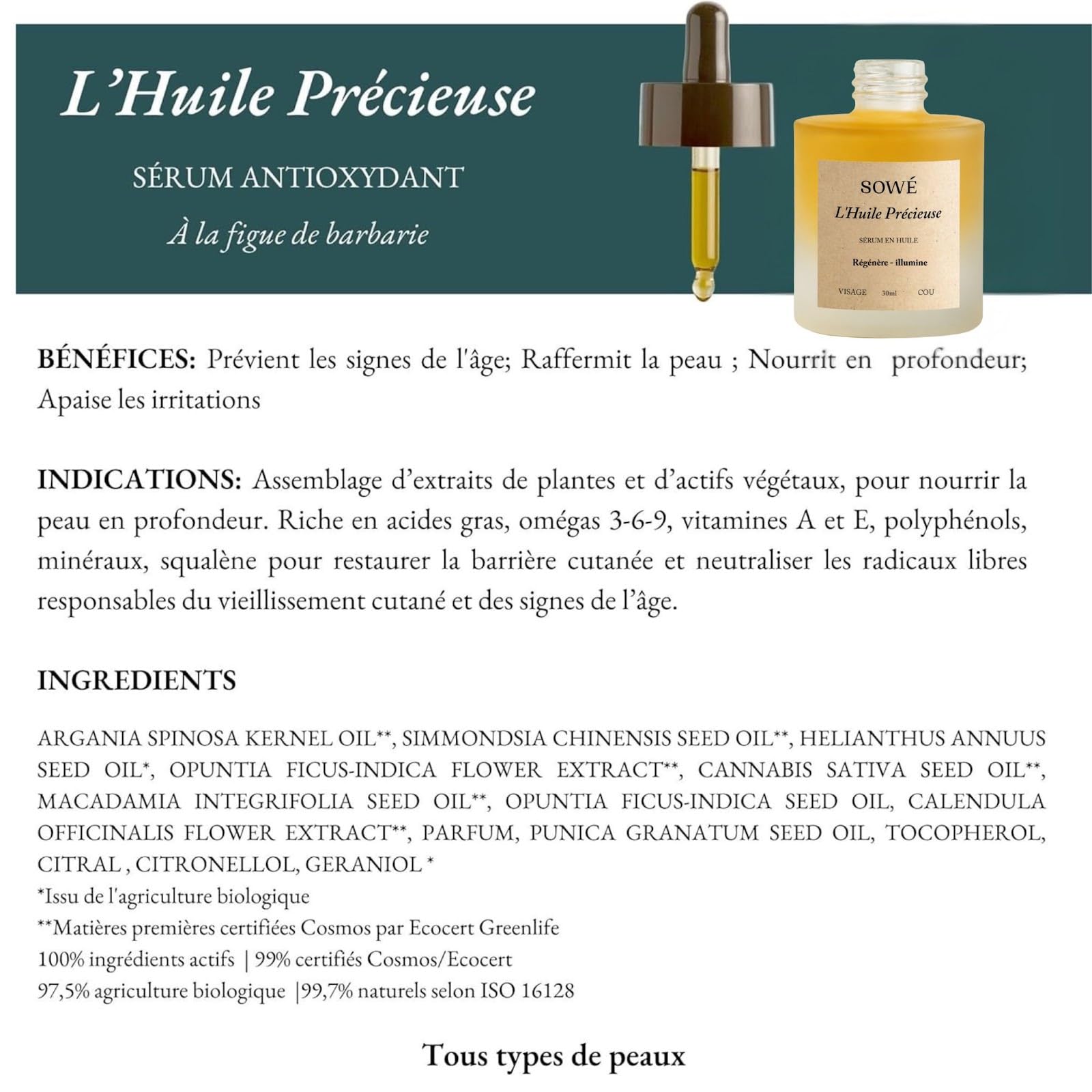 Aceite Precioso - Sérum Facial Anti-Edad y Anti-Oxidante Orgánico - Higo de Barbaria y Argán - Hidratante, Nutritivo, Piel Radiante - Tratamiento Natural para Todo Tipo de Piel - 30 ml