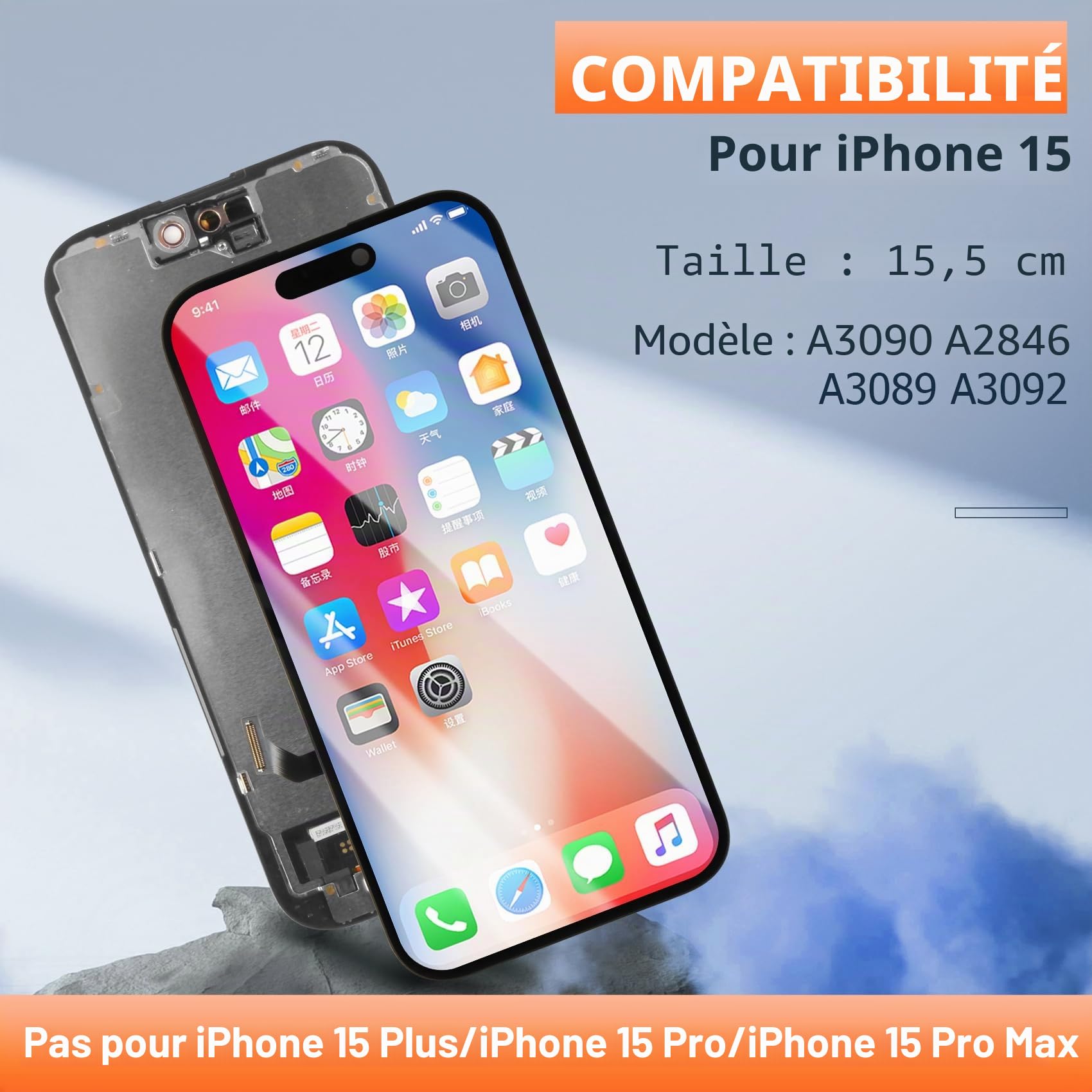 pour iPhone 15 Écran LCD pour iPhone15 A3090 A2846 A3089 A3092 6.1" 3D Touch LCD Ecran de Rechange pour iPhon 15 LCD Display Affichage Tactile Digitizer Assemblée avec Réparation Kit(Noir, Incell)