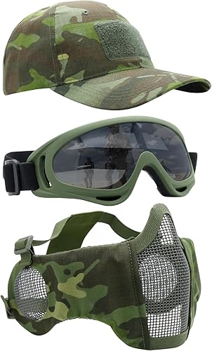 Miniatura 18 de Máscara de Airsoft con Gafas, Máscara de Malla Plegable de Media Cara con Protección para los Oídos para Paintball, Tiro, Cosplay, Juego CS