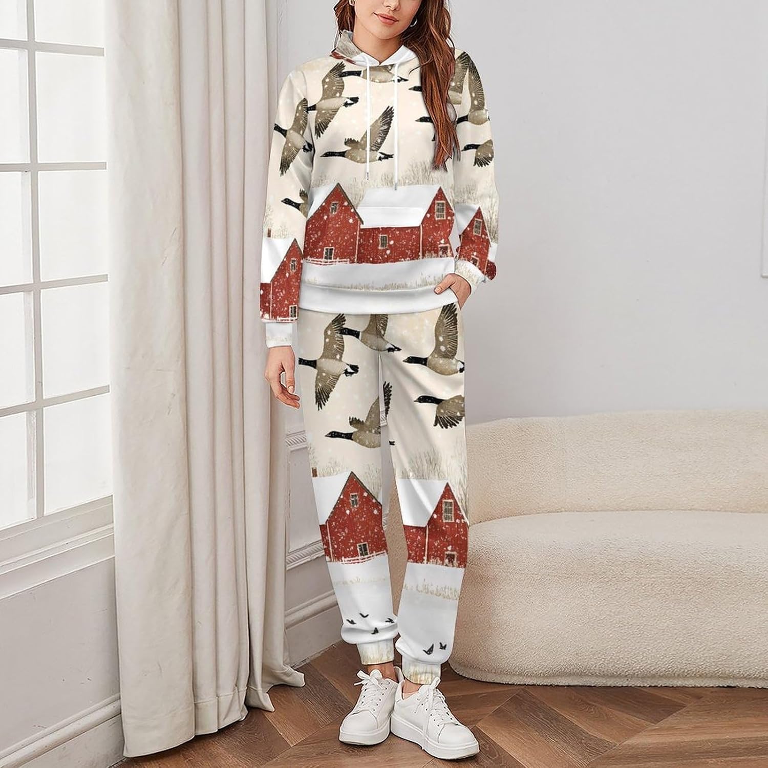 Flying Geese Snow Red House Sweatshirts for Men Two Piece Casual Hoodie Tracksuit Jogger Pants