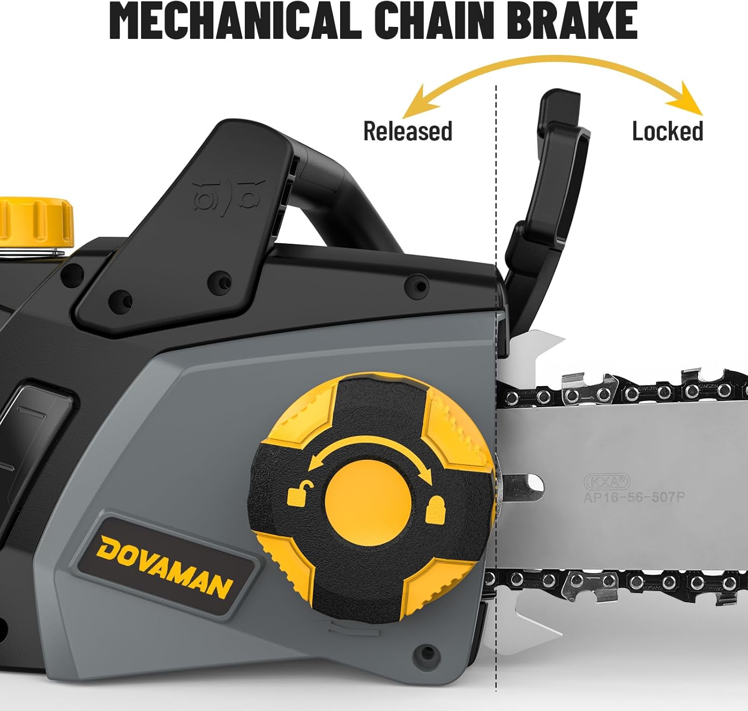 Close-up of the DOVAMAN chainsaw's mechanical chain brake, showing released and locked positions