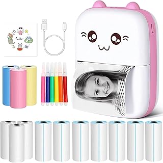 Carseatty Mini Thermal Printer, Inkless Printer, Mini Printer Compatible with Android and IOS, Portable Sticker Printer for Printing Photos, Sticky Notes, Lists (Includes 13 Rolls of Thermal Paper)