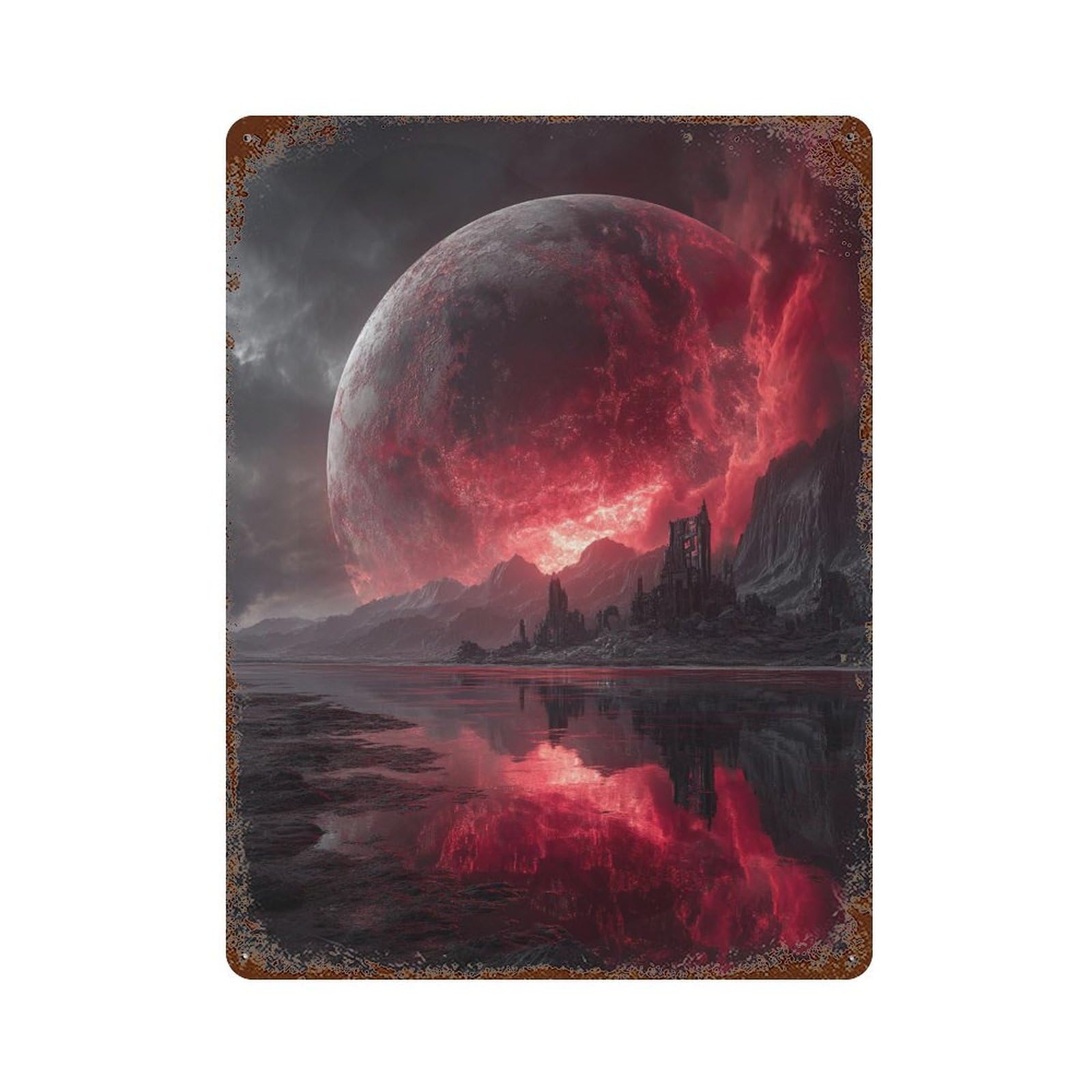 Fiery Planet Reflections Rust Effect Tin Sign 15.7"x11.8", Industrial Home Decor for Basement, Hobby Room And Garage Decor