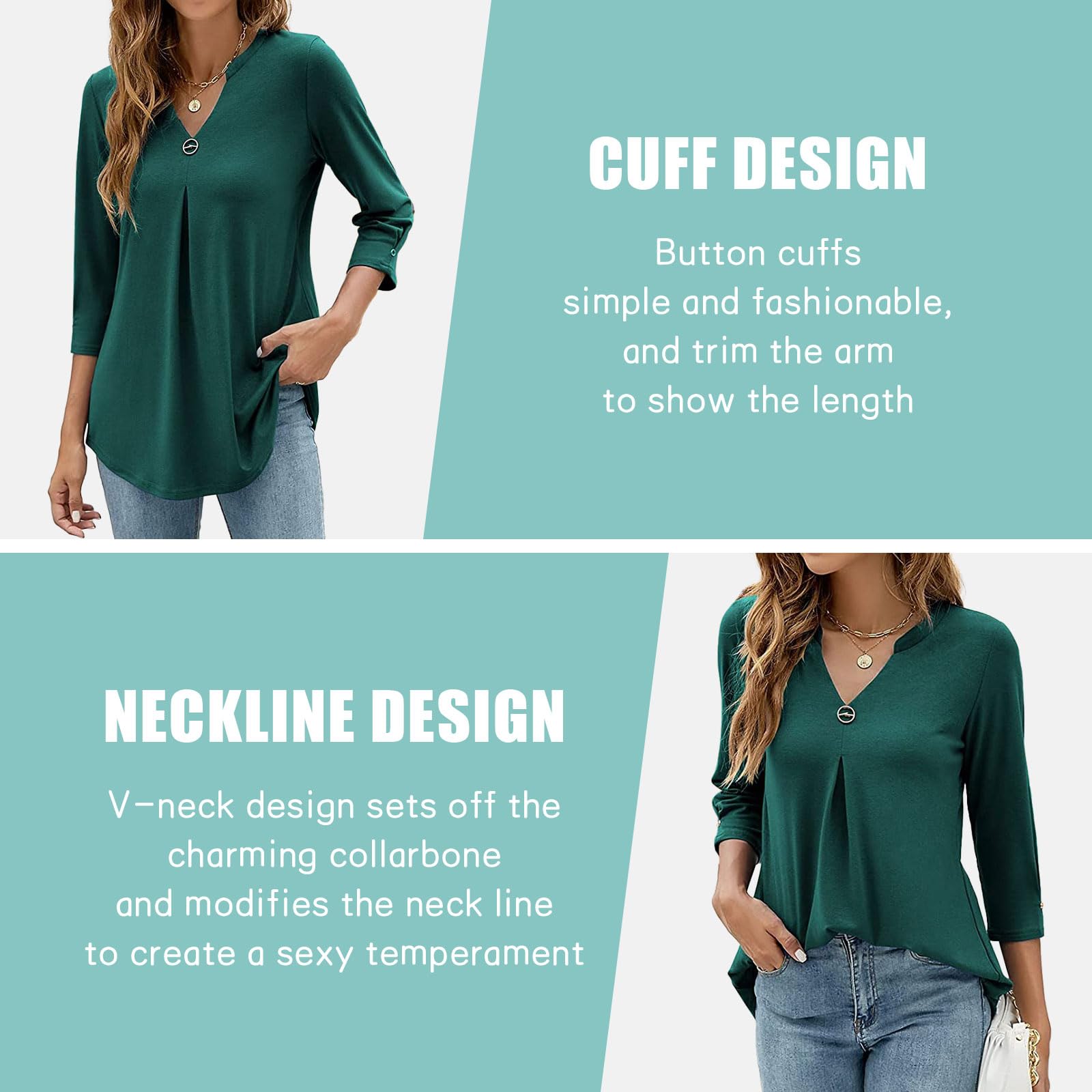 Bluzka 3/4 Rękaw Bluzki Damskie Dekolt w serek Jednolity kolor Casual Top Eleganckie Luźne Koszule T Shirt