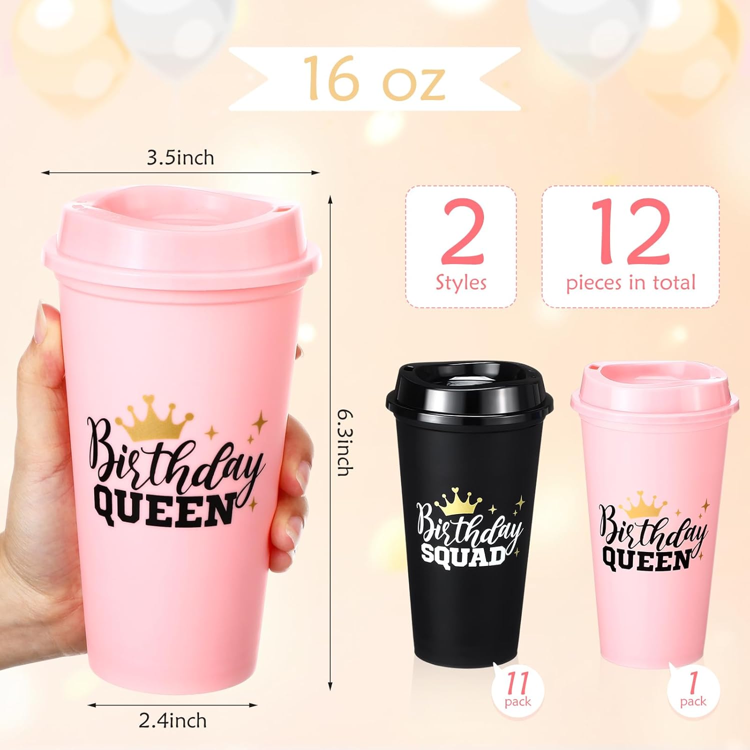 Nuenen 12 Pcs Reusable Birthday Queen and Squad Coffee Cups with Lid 16 oz Plastic Tumblers Bulk for 20th 30th 40th 50th Birthday Christmas Anniversary Party Supplies for Women Adults (Pink,Black) - Image 2