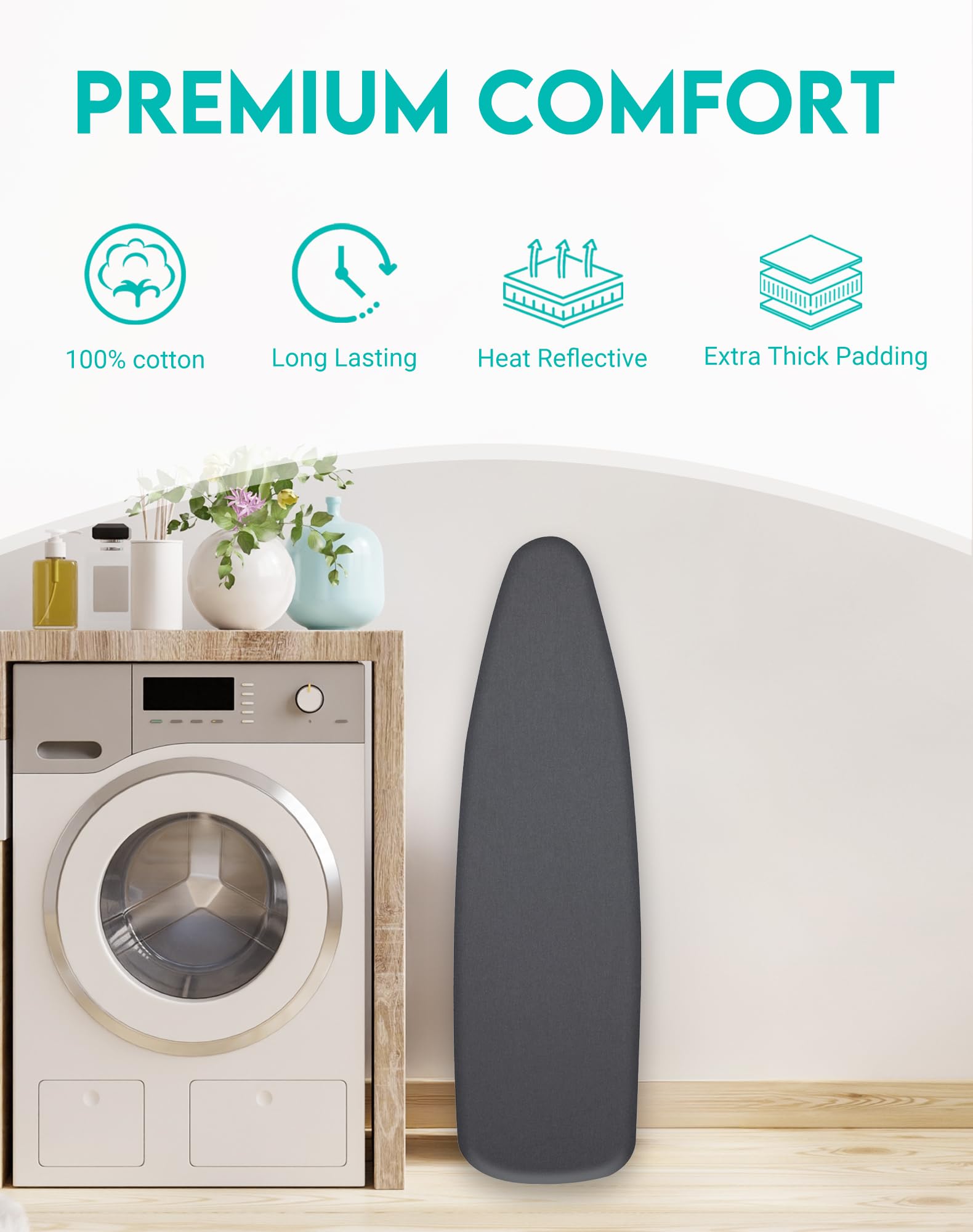 ZOES HOMEWARE Funda y almohadilla para tabla de planchar 100% algodón, acolchado grueso con bordes elásticos, funda de alta calidad para tablas de tamaño estándar de 15 x 54 pulgadas, resistente a las