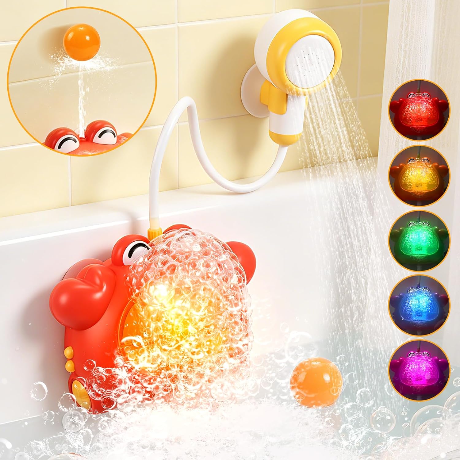 Bath Toys for Kids Ages 1-3 4-8 Rechargeable Bath Bubble Machine 2 in 1 with Baby Shower Head Light Up Crab Bath Toys with Colourful RGB Light for Toddler Boys and Girls