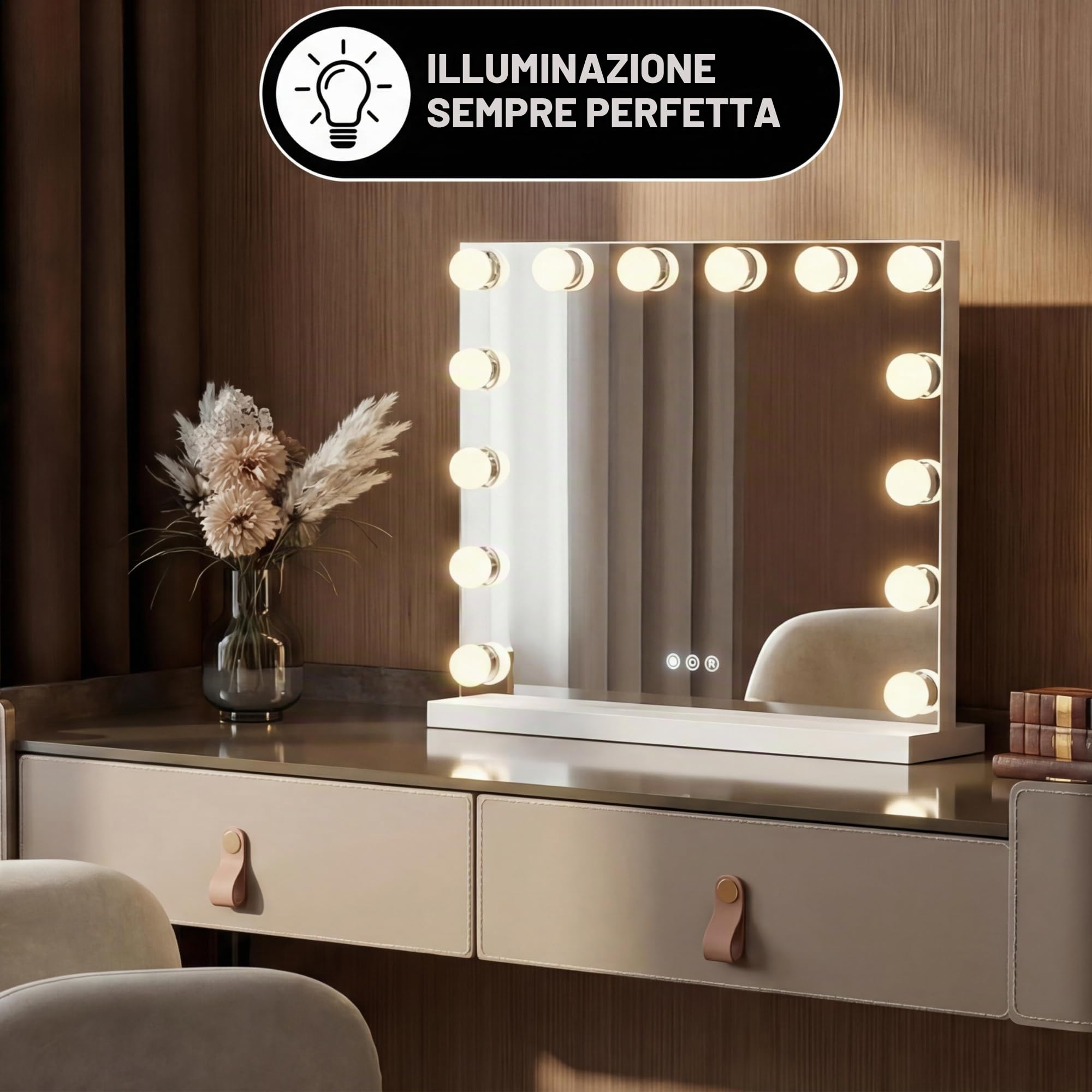 Bayt Specchio Trucco con luci LED – Specchio Hollywood Bianco 50x40 cm con 14 Lampadine Dimmerabili, 3 Tonalità di Luce (calda, fredda, naturale), Touch Screen & Specchietto Ingranditore 10x