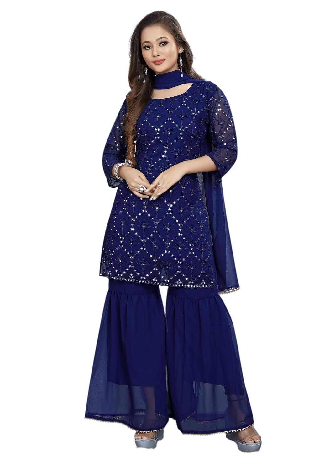 Women’s Georgette Sequence Party Festival Wear Kurta Sharara with Dupatta Set, Full Sleeve Stitched Ethnic Suit