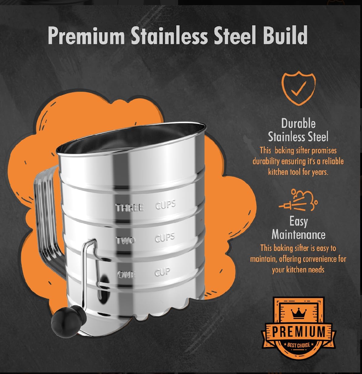 3 Cup Powdered Sugar Large Stainless Steel Rotary Hand Crank Flour Sifter With 4 Wire Agitator Baking Tools.