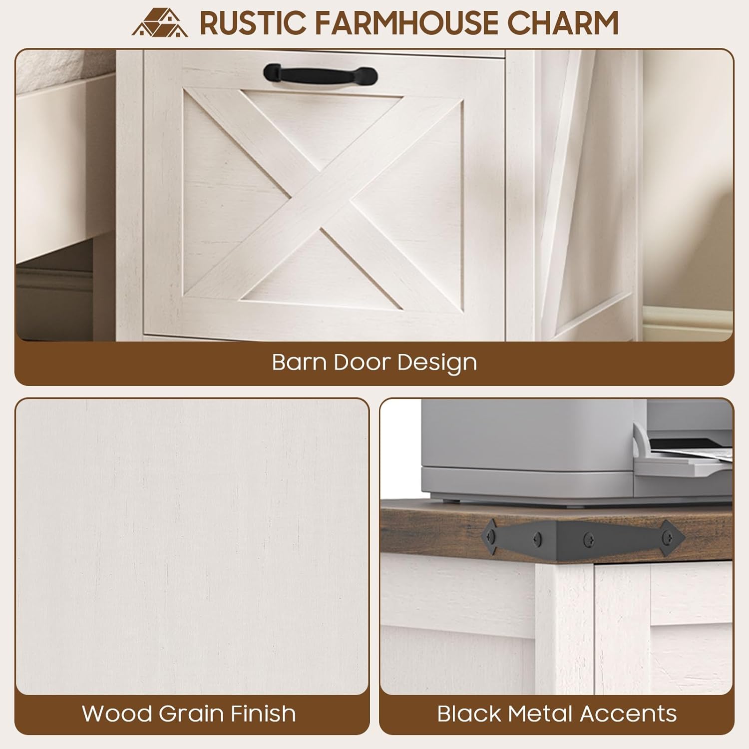 3 Drawer Small File Cabinet, Farmhouse Vertical Filing Cabinet Fits Letter and A4 Size, Under Desk Wooden File Cabinets for Home Office, Printer Stand, Rustic White