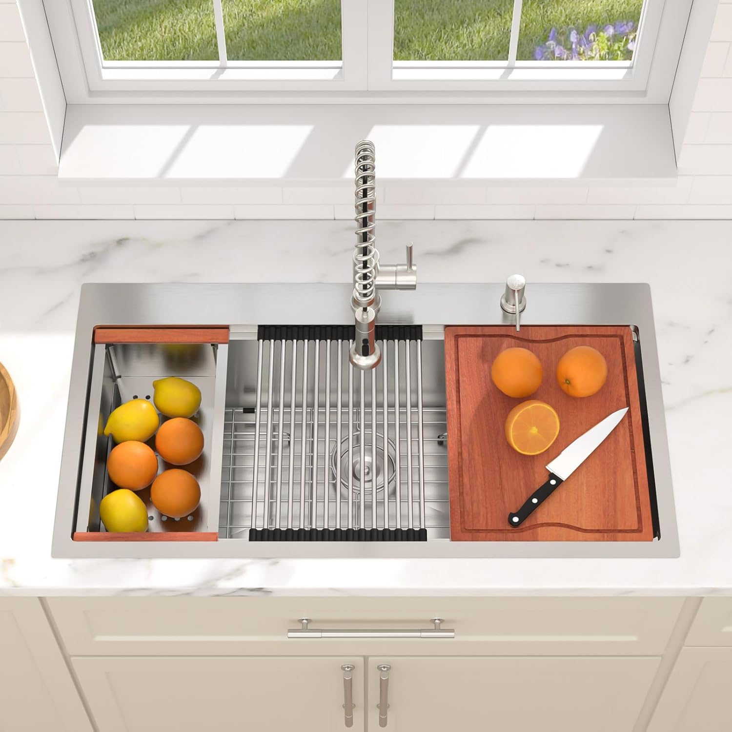 Dcolora 36 In. Drop In Kitchen Sink with Cup Washer, Stainless Steel Single Bowl Topmount Sink, Workstation with Accessories, Large Capacity for Home Kitchen, Brushed Finish