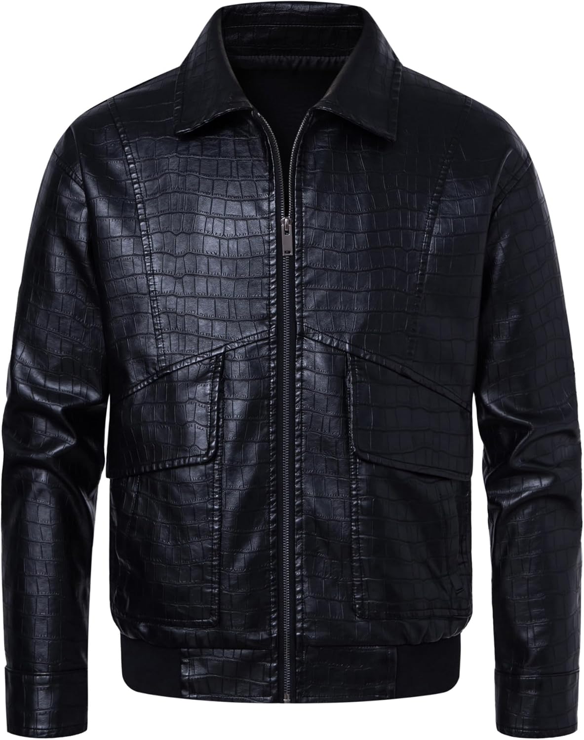 Men's Faux Leather Coat Crocodile Texture Bomber Military Aviation Style Water Resistant Multiple Pockets Casual Wear