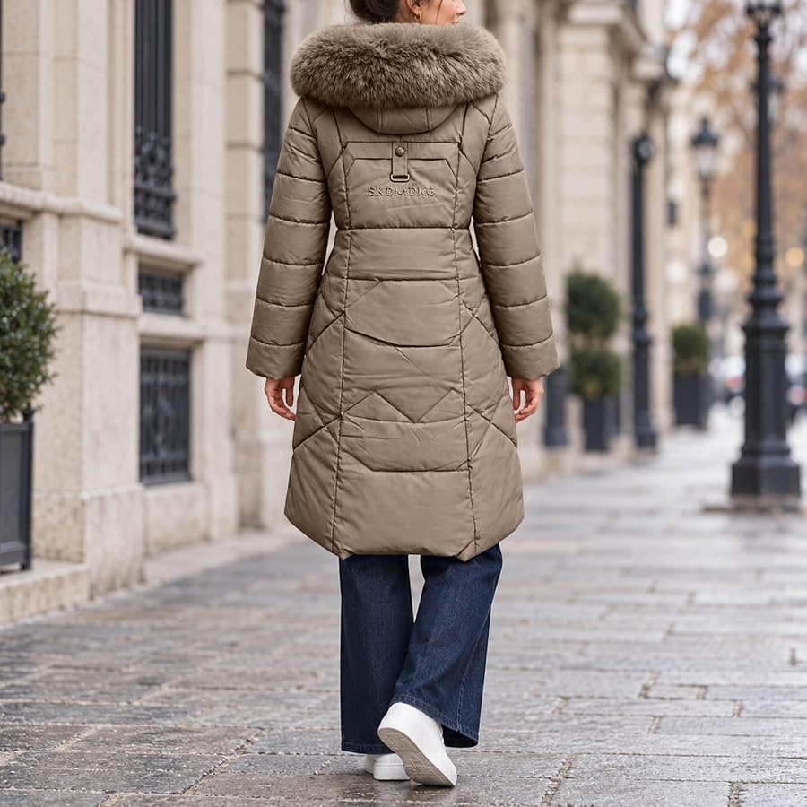 Winter Coats Women Faux Fur Hood Quilted Padded Jacket Warm Puffer Parka | Ladies Long Puffer Coat with Faux Fur Hood Zip Up Quilted Winter Padded Parka Thermal Cotton Jacket with Pockets Outerwear, image 3