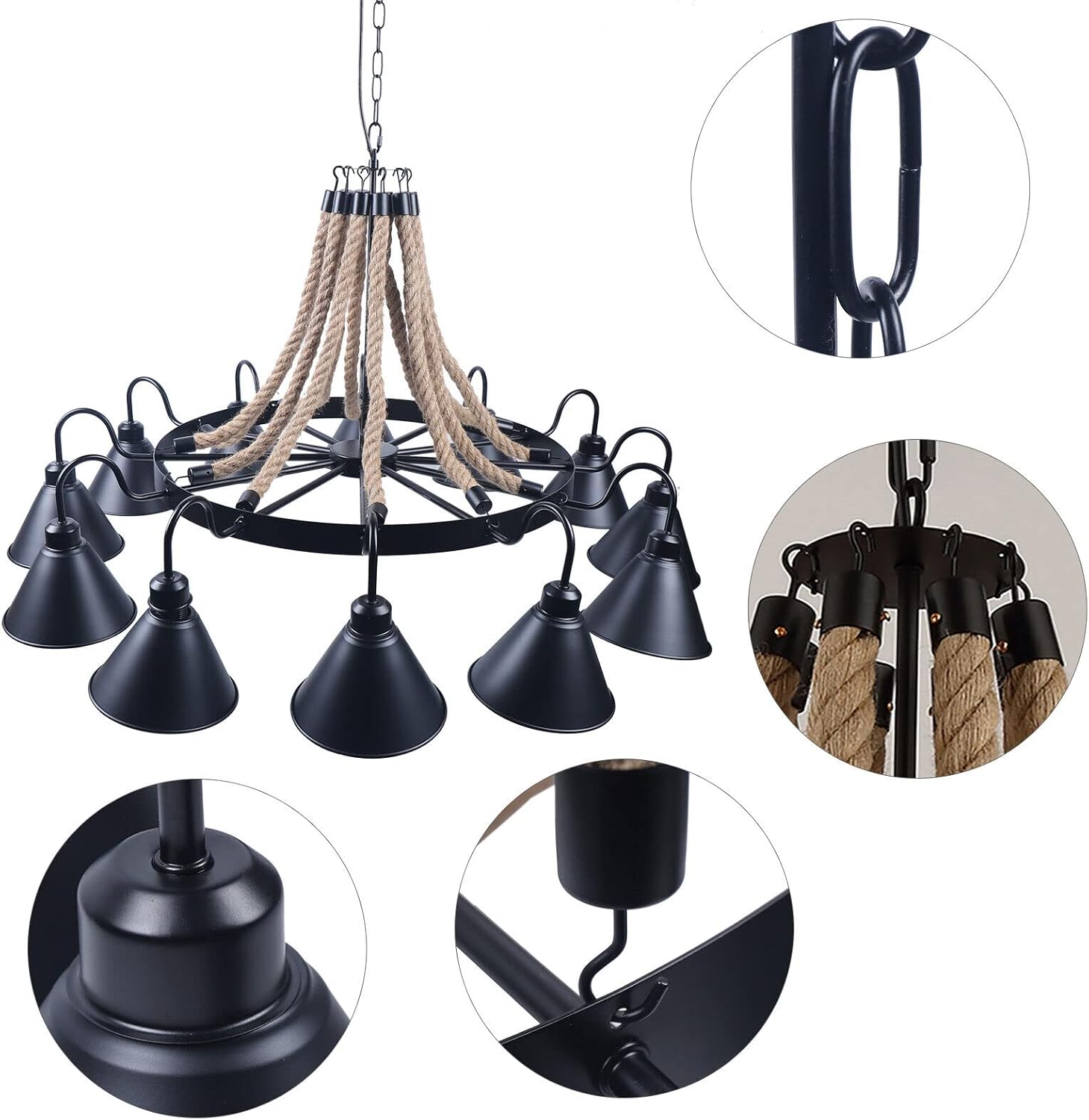 12 Lights Industrial Pendant Light Hemp Rope Chandelier Black Metal Wagon Wheel Gooseneck Style Ceiling Lighting Fixture Adjustable Height for Dining Room, Living Room, Bedroom
