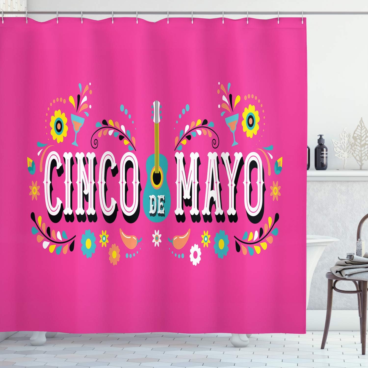 Lunarable Cinco De Mayo Shower Curtain, Mexican Fiesta Party Theme with Guitar Margarita Peppers and Flowers, Cloth Fabric Bathroom Decor Set with Hooks, 69" W x 70" L, Pink and Multicolor