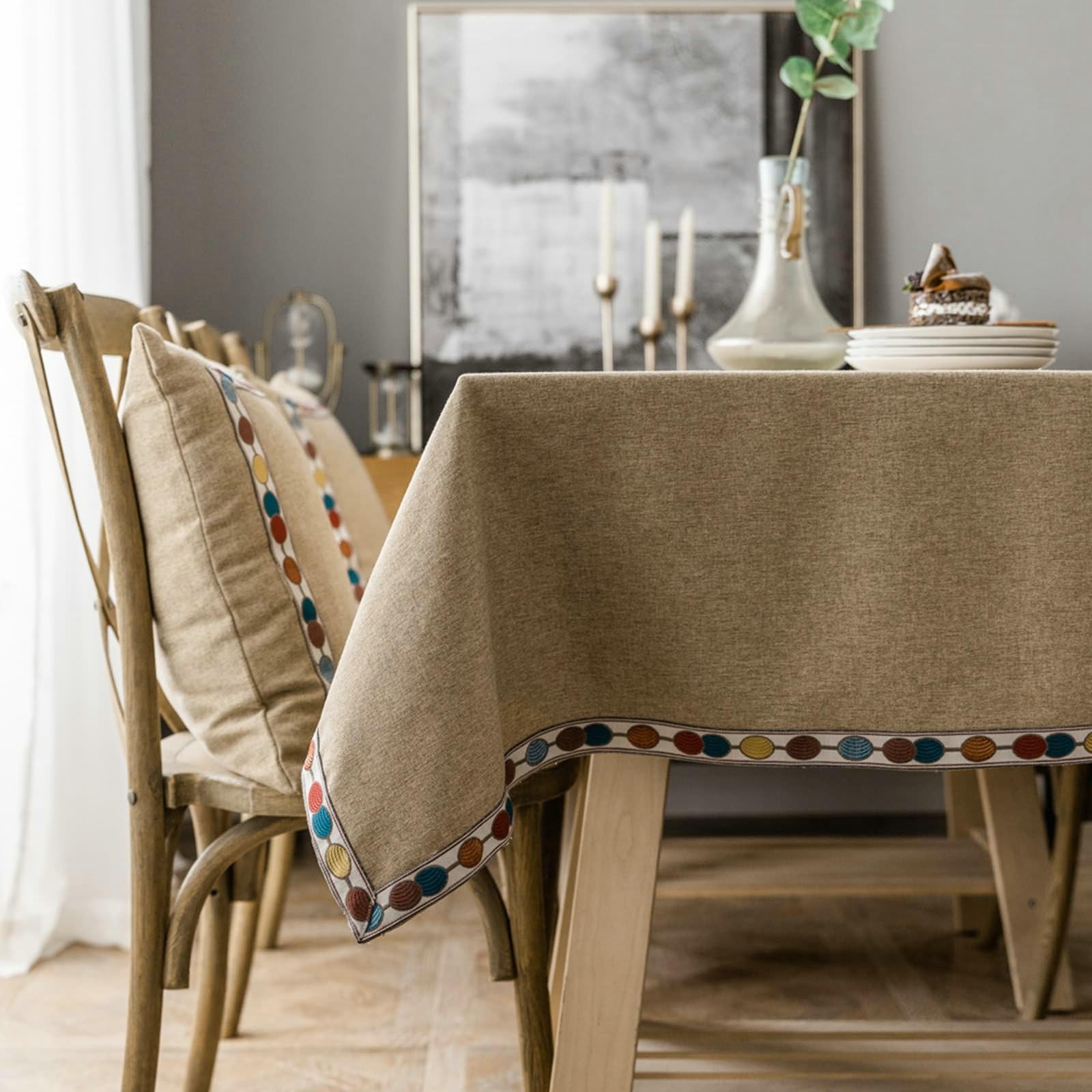 Gualiy Mantel Cuadrado Mesa, Poliéster Manteles Tela Mesa Comedor 130x260CM Mantel Antimanchas Bordado de Color Sólido Mantel para Mesa de Comedor, Caqui
