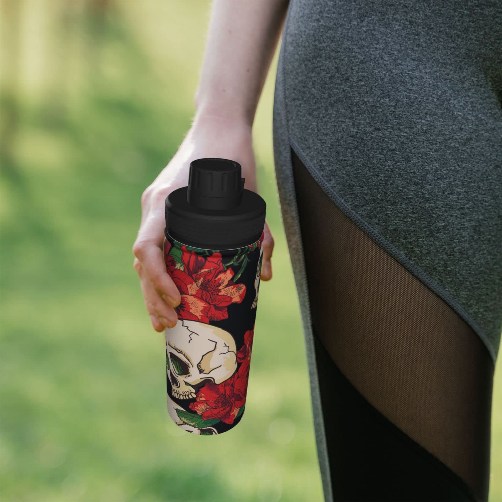 Rose And Skull Sport-Wasserflasche, 510 ml, isolierte Edelstahl, auslaufsichere Wasserflasche für Reisen, Fitnessstudio, Büro
