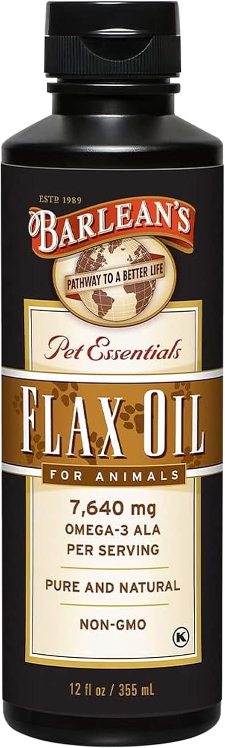 Barlean’s Flaxseed Oil for Animals, Pet Essential Liquid Omega 3 Fatty Acids Cat and Dog Oil Supplements for Skin and Coat, Omega 3 for Dogs, Cats and Other Pets, 12 oz