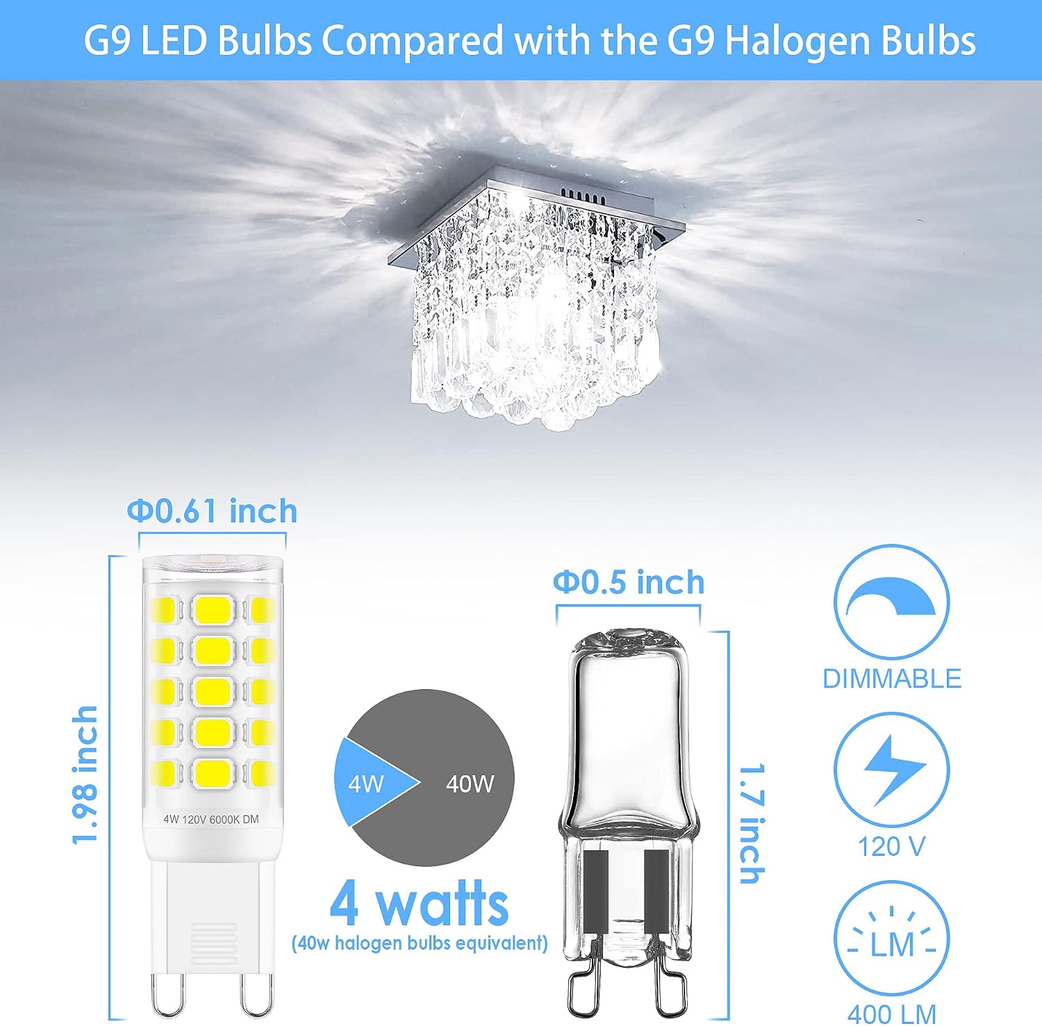 Sailstar 6 Pack G9 LED Bulb Dimmable 6000K Daylight, T4 4W G9 Replacement for 40 Watts Halogen, 400 Lumen, Ceramic Bi-Pin Base, 360°Beam Angle, 120V G9 Light Bulbs for Chandelier