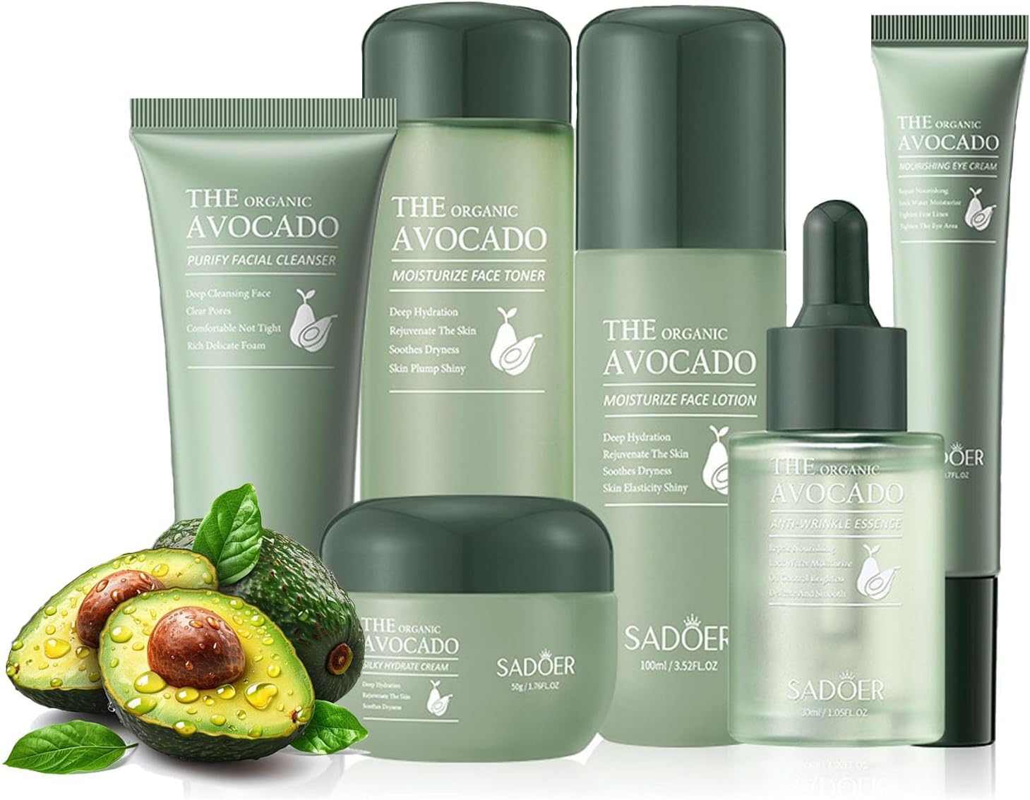 Avocado Skincare Kit 6PCS, Complete Skin Care Gift Set with Cleanser, Toner, Lotion, Serum, Face Cream, and Eye Cream, Hydrating and Anti-Aging Facial Kit for Women and Teen Girls