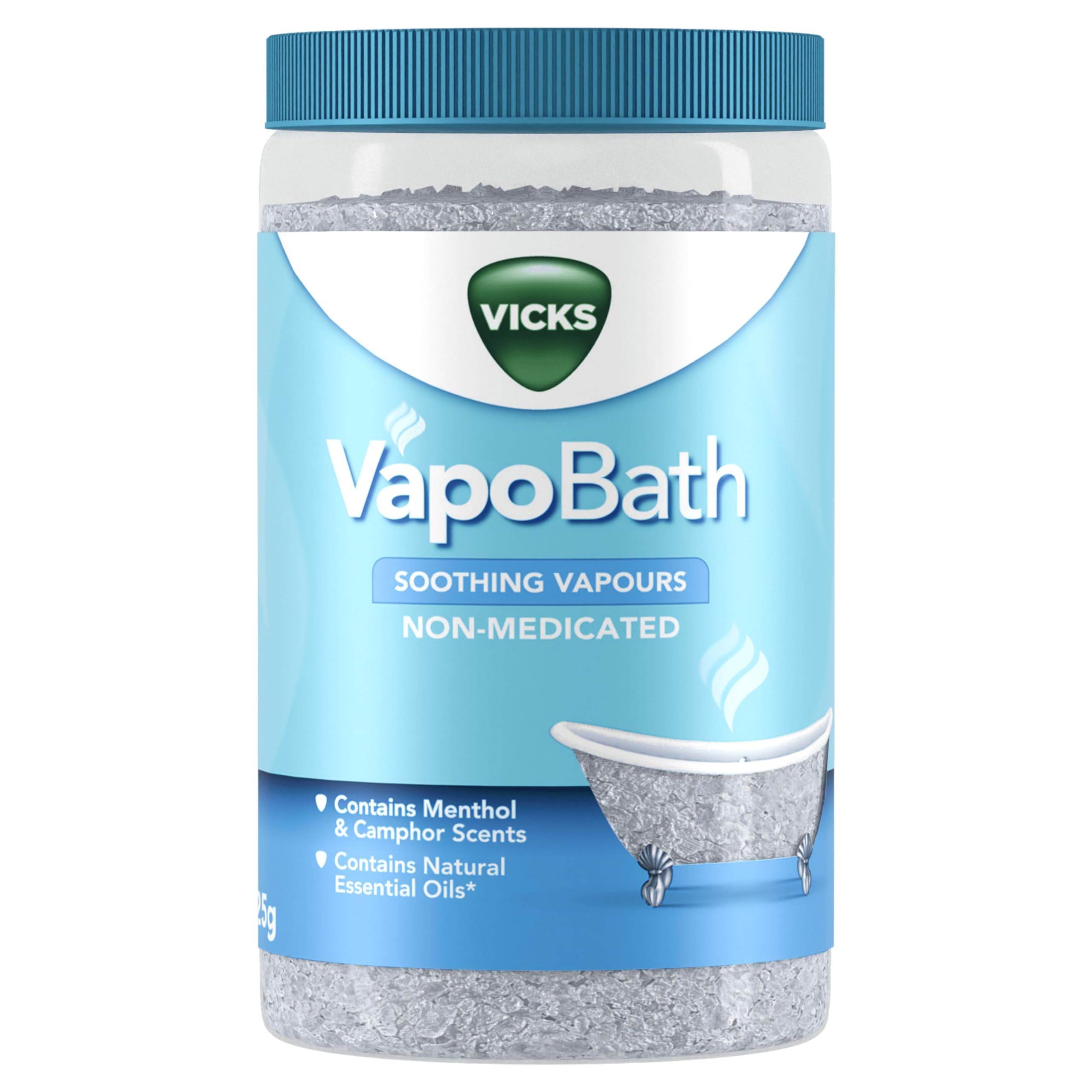 VICKS Vapo Bath – Bath Salt with Soothing Vapours – Infused with Menthol and Camphor Scents – Contains Natural Essential Oils: Eucalyptus, Nutmeg and Cedar Leaf – Non Medicated - 425g
