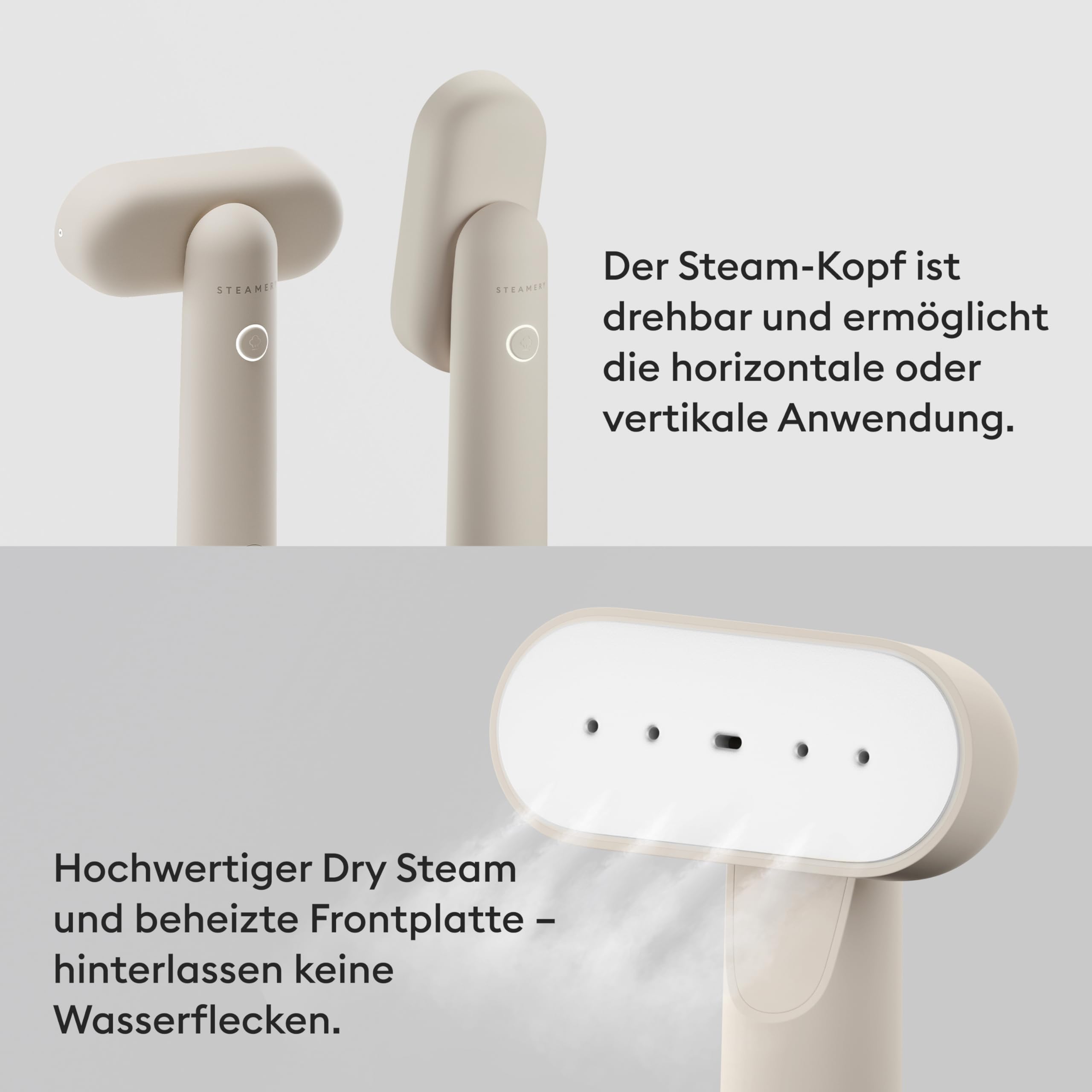 Steamery Travel Steamer Cirrus Lite, 1200 W, Dampfleistung 16 g/Min, Aufheizzeit 18 Sekunden, tragbar & kompakt, drehbarer Steam-Kopf, Dry Steam-Technologie, beheizte Frontplatte, Sand