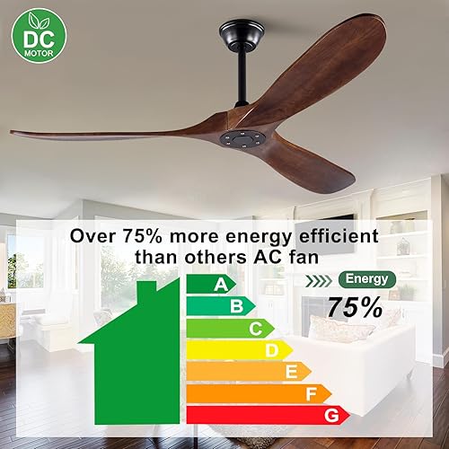 Miniatura 2 de Ventilador de techo de madera de 60 pulgadas sin luz con control remoto y motor de CC reversible silencioso de 3 aspas, moderno ventilador de techo
