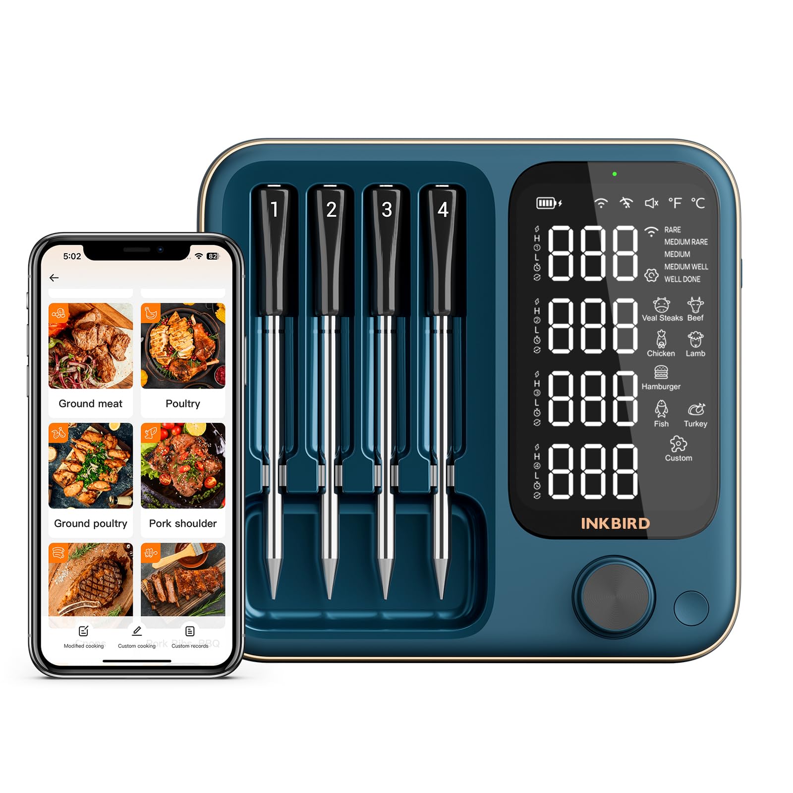 INKBIRD WiFi Bluetooth BBQ Thermometer Wireless INT-14S-BW with 4 Multi-Sensor Probes, Ambient Temp...