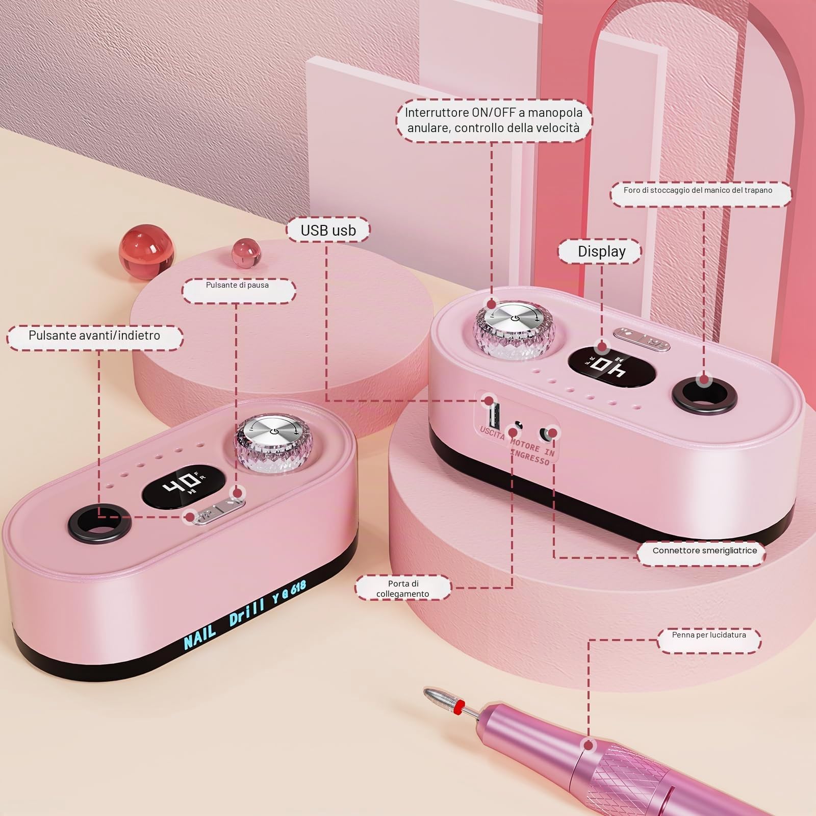 Fresa per unghie in gel, fresa elettrica professionale 40000U/M, fresa per manicure e pedicure, set fresa per unghie per diverse esigenze di manicure e pedicure, non ricaricabile (rosa)
