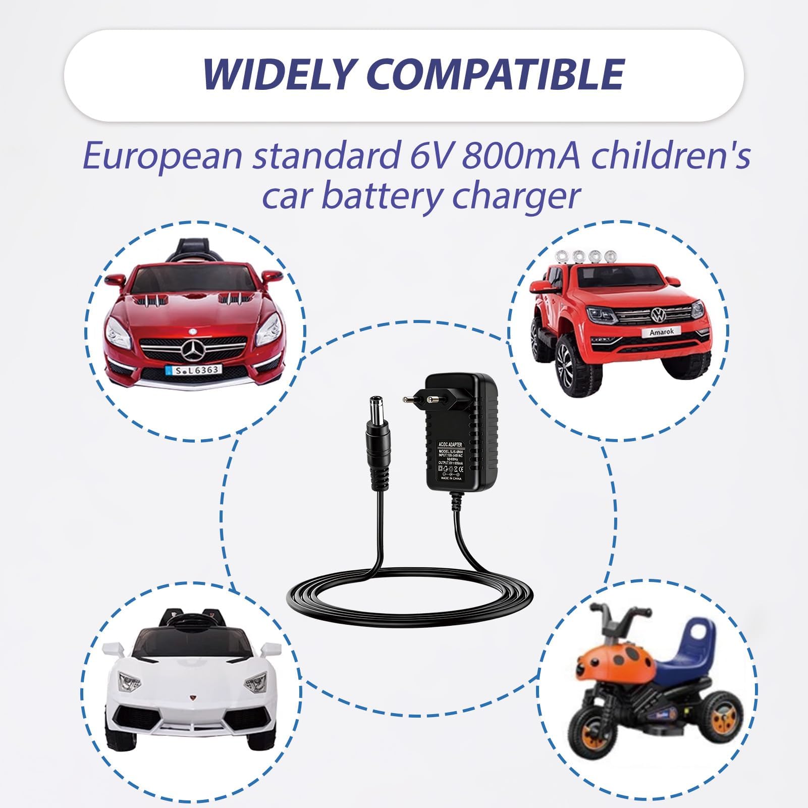 Cargador 6V 800mA para Coche Eléctrico, Adaptador Universal con Indicador LED, Compatible con Moto, Quad 6 Voltios, Conector 5.5mm x 2.1mm (Negro)