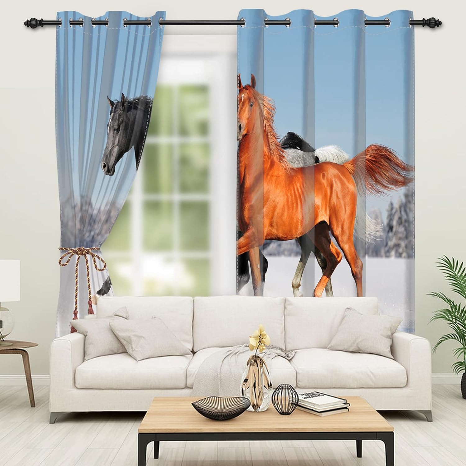 Yeele 42x84inches Horse Window Curtains Black White Brown Horse Running on The Snow Field Natural Landscape Window Drapes 2 Panels Set Grommet Window Treatments for Boys Men Bedroom Home Decor