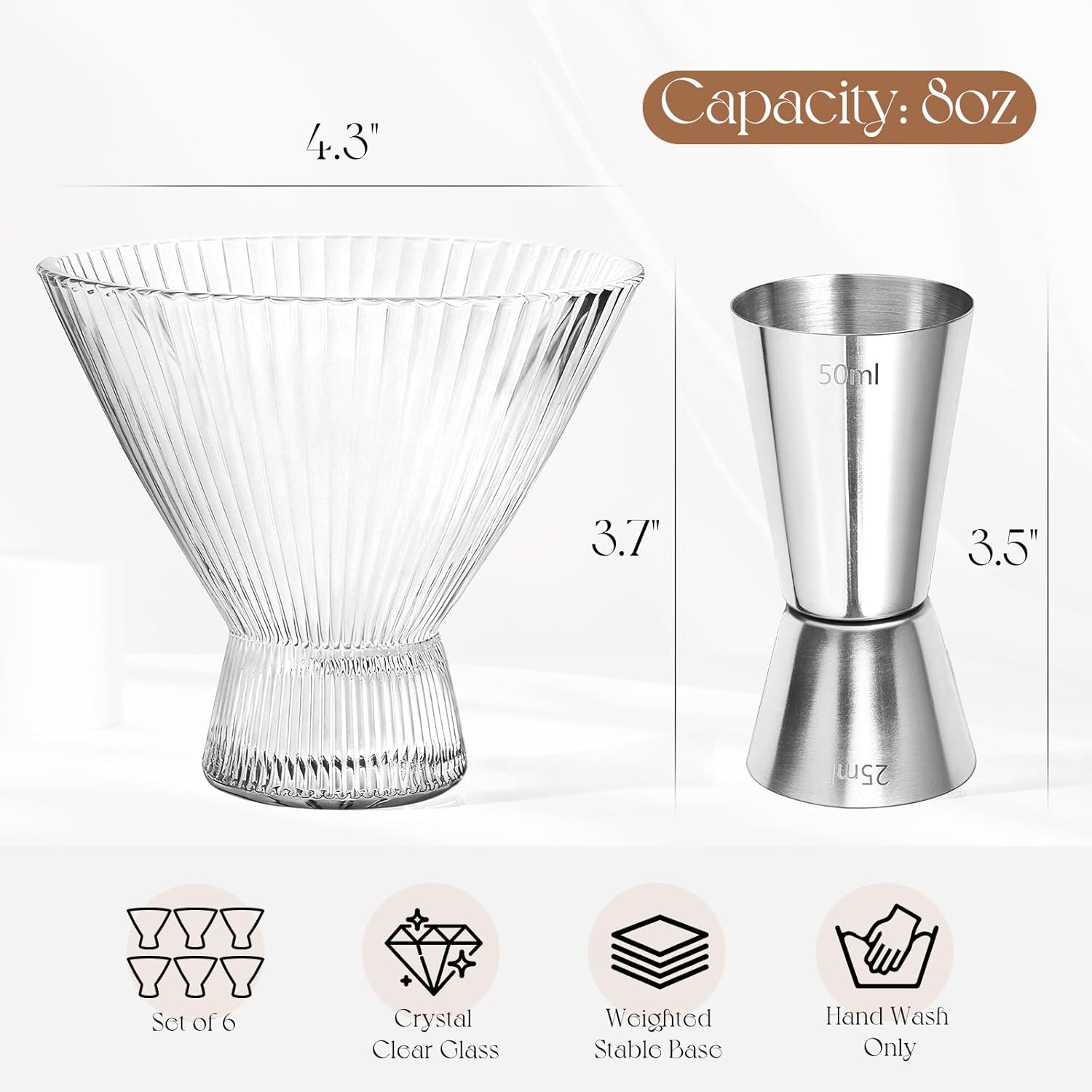 VIMERPA Martini Glasses, Ribbed Stemless Martini Glass Set of 6, 8oz Large coupe, for Champagne Espresso, Crystal Retro Style for Cocktail Bar Drinks, Vintage Art Deco Glassware