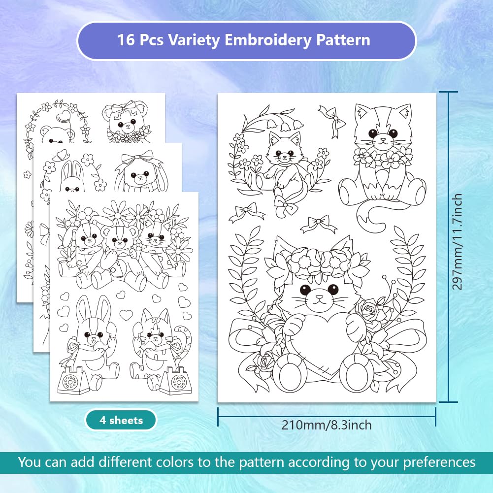 GLOBLELAND 4 Sheets Animal Dolls Water Soluble Hand Sewing Stabilizers Flowers Wash Away Embroidery Stabilizer Fox Bear Embroidery Stitch Practice for Embroidery Beginners Lovers