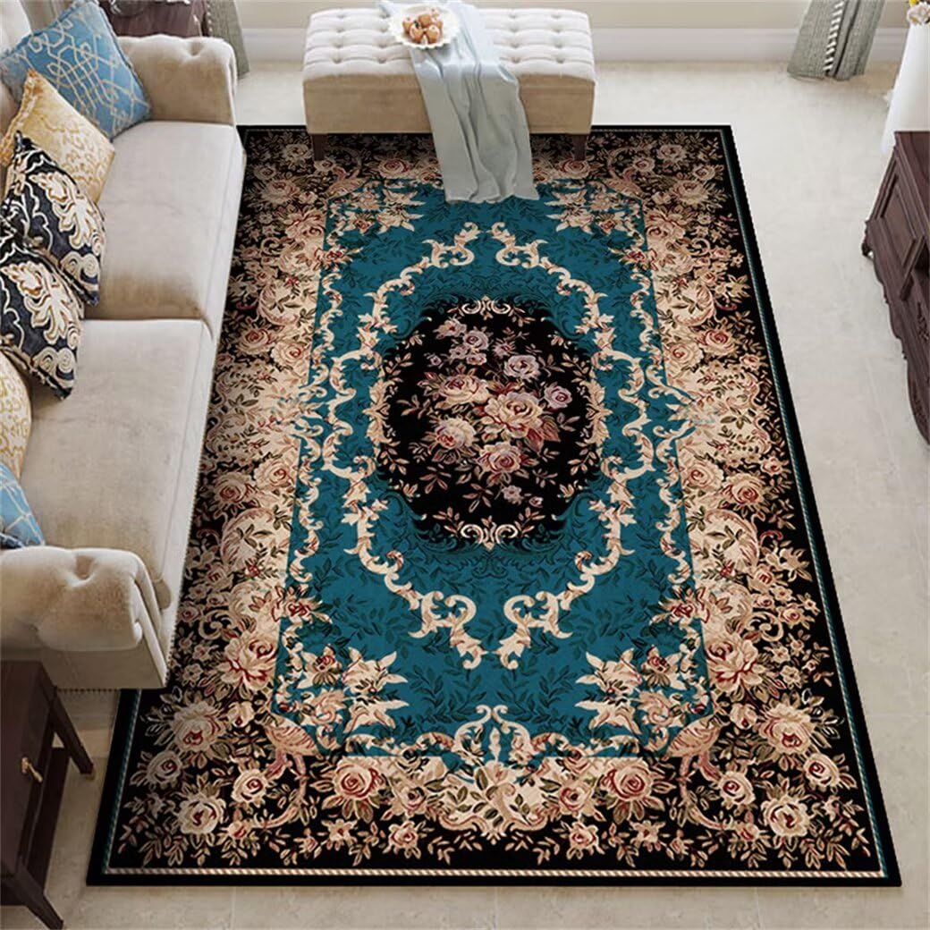 Tapis grande taille salon bleu 180x230cm idéal comme espace de jeu enfant au sol