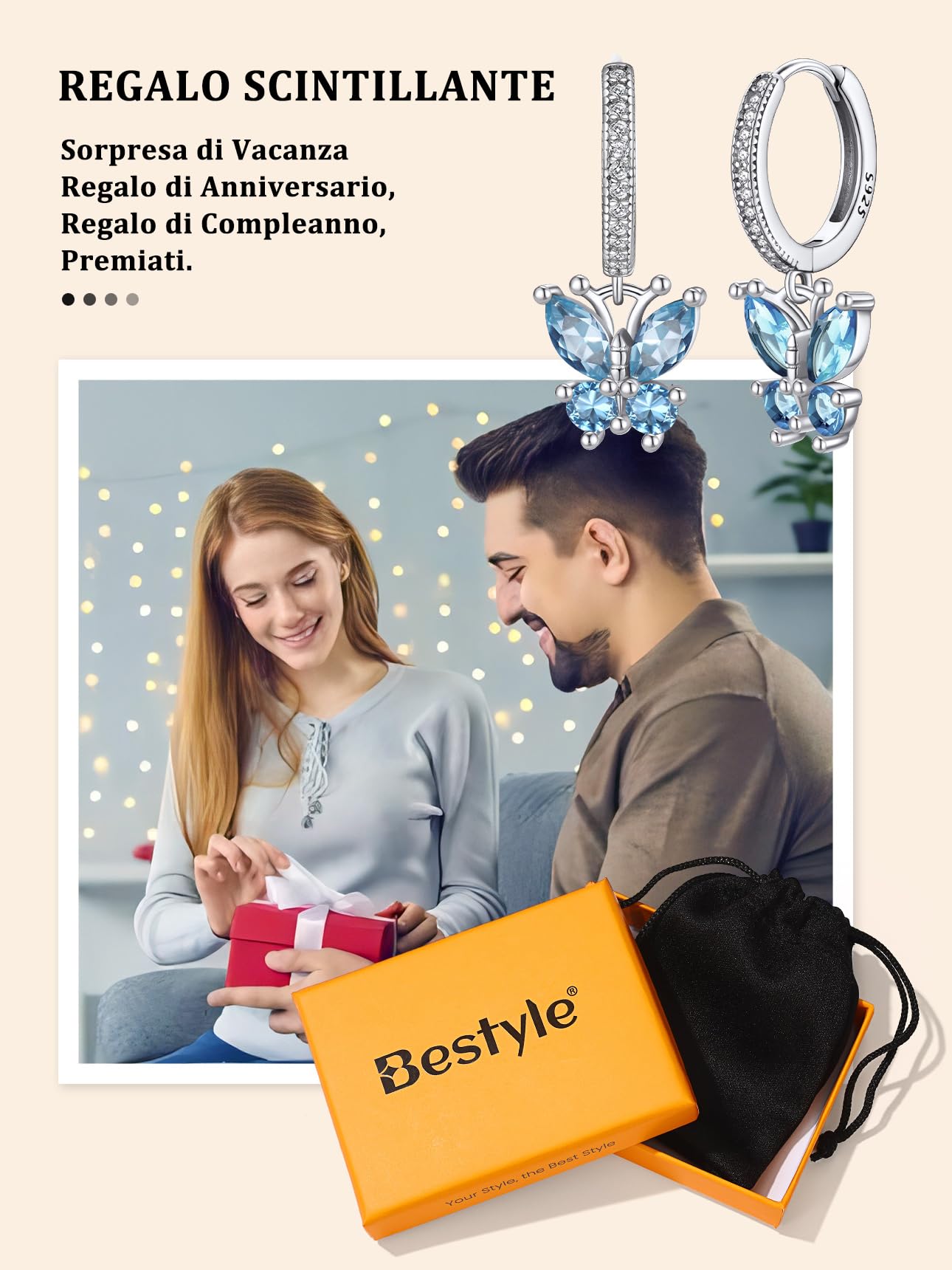 Bestyle Orecchini Argento 925 Donna Orecchini a Farfalla Granato/Acquamarina/Smeraldo/Diamnate Orecchini a Cerchio Antiallergico Regalo Compleanno San Valentino