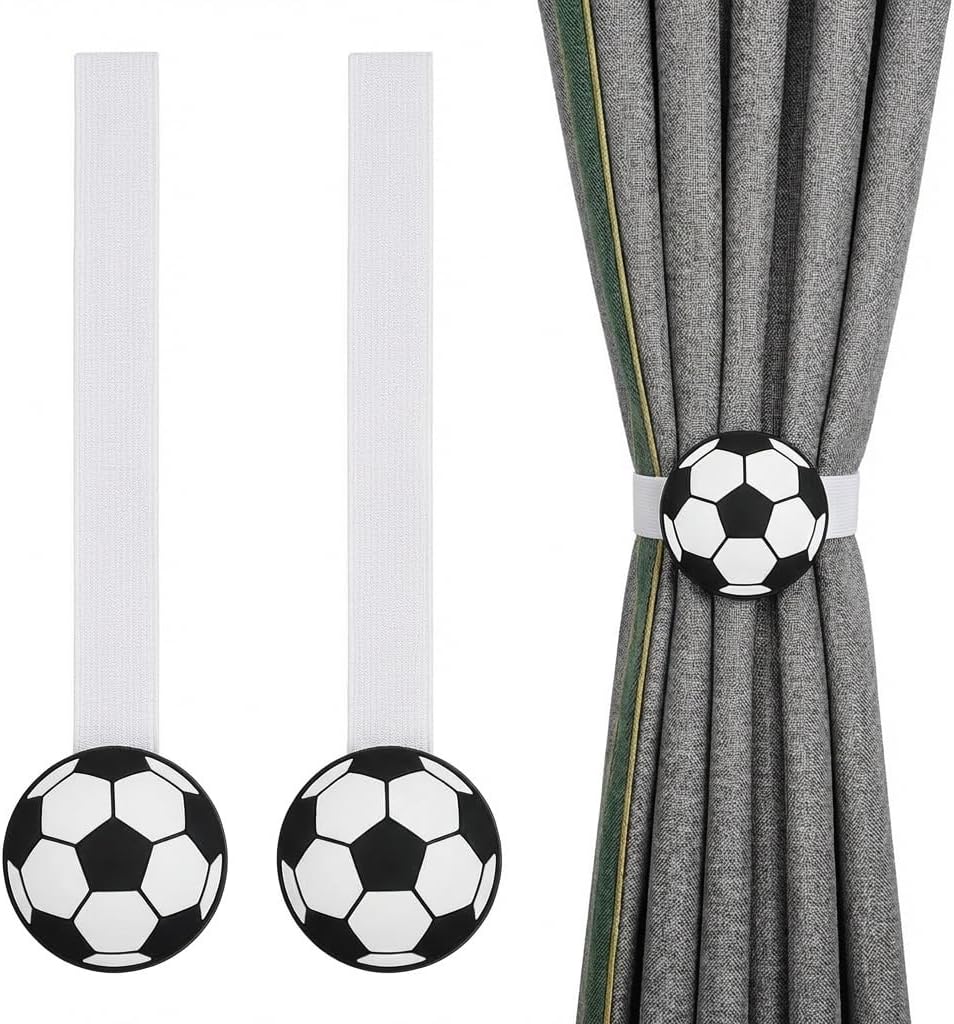 Football Magnetic Curtain Tiebacks Set of 2, Sports Theme Decorative Curtain Holdbacks, No Drilling Self-Adhesive Fixed Curtain Accessories for Boys Bedroom Kids Room Football Fan Home Decoration